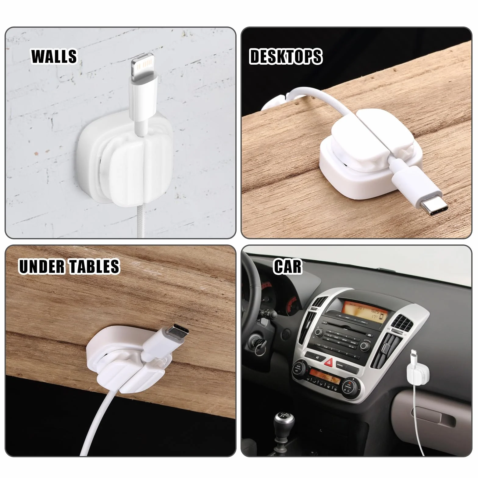 3szt Organizer na Przewody, 3 w 1 Uchwyt na Zaciski do Kabli Samoprzylepne Klipsy do Zarzadzania Kablami Regulowana Sprezyna do Biurko Samochodowe do Domowego Biura z Przewodem USB (Bialy)