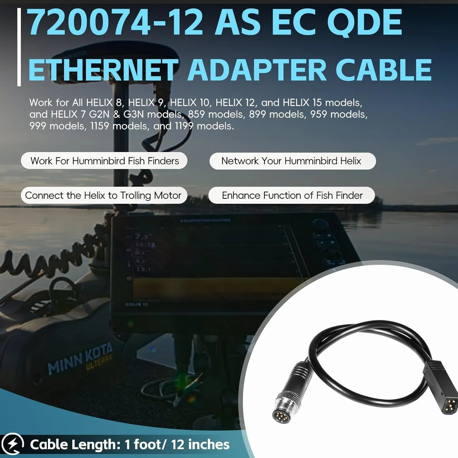 720074-12 (720074-1) AS EC QDE kabel sieciowy do wykrywacza ryb Humminbird – wytrzymały kabel sieciowy do HELIX 7-15 & SOLIX G2N/G3N/G4N, i-Pilot Link, One-Boat Network i Mega Live Imaging (mokra