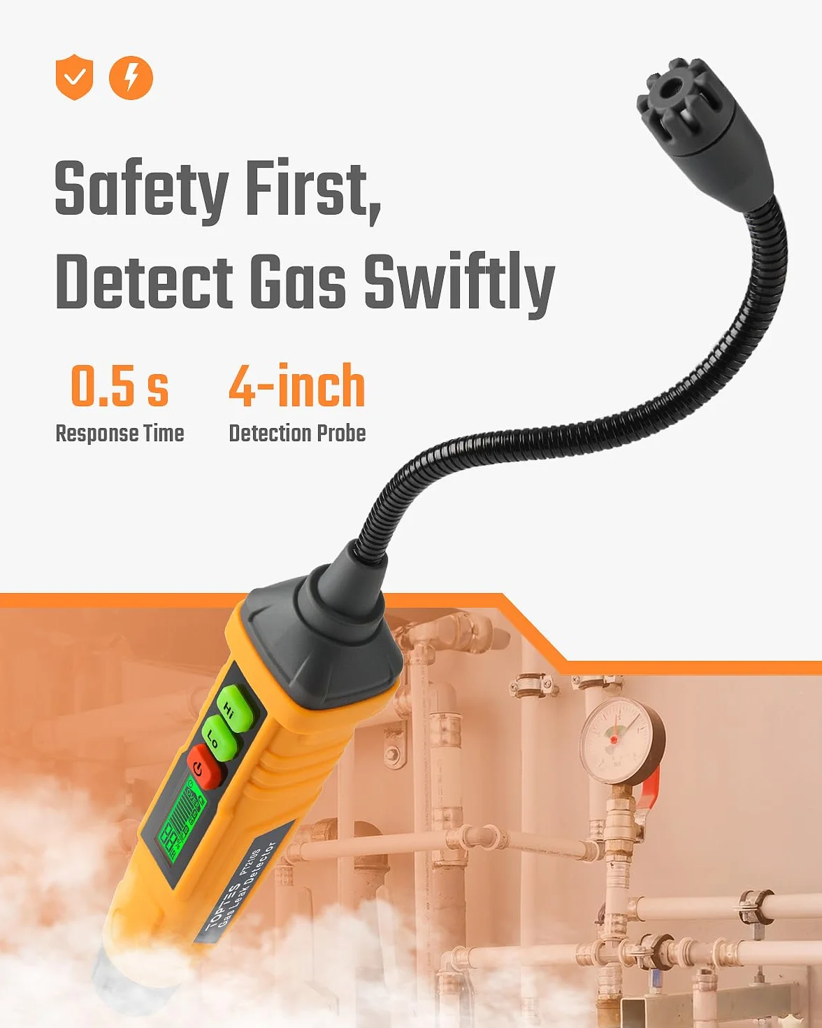 TopTes PT210S Detektor wycieku gazu, detektor gazu ziemnego z sondą 10 cm, detektor wycieku propanu, lokalizujący gazy palne, takie jak gaz ziemny, metan do domu, wymiary %LEL (w tym baterie) -