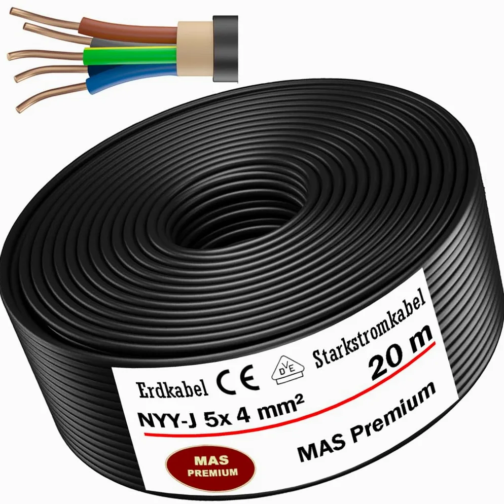MAS Premium Kabel ziemny, kabel zasilający 5-125 m NYY-J 5 x 1,5, 2,5, 4, 6, 10 lub 16, kabel elektryczny pierścień do układania na wolnym powietrzu, w ziemi (NYY-J 5 x 4 mm², 20 m)