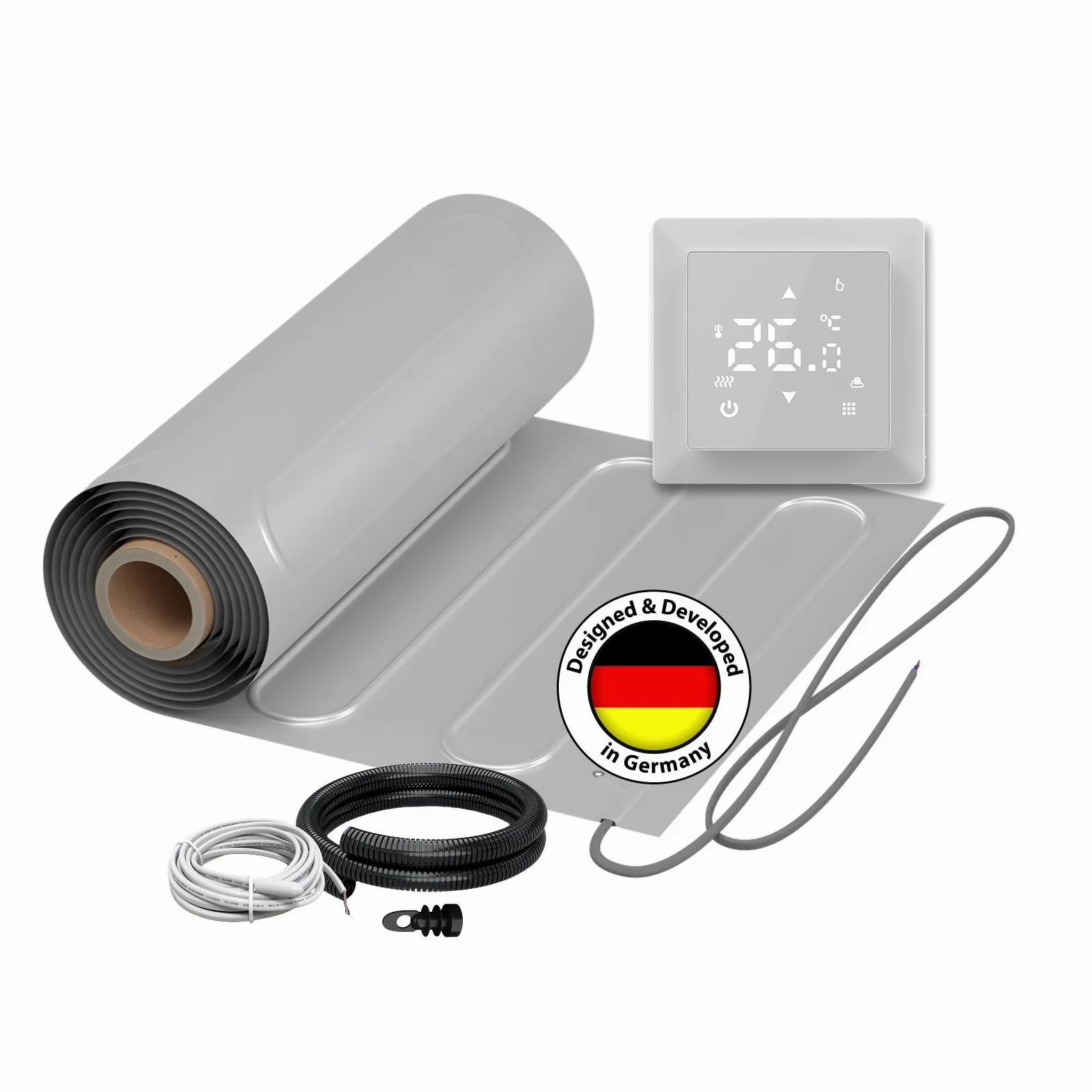 Elektryczne ogrzewanie podłogowe do laminatu: dwużyłowa aluminiowa mata grzewcza WARMON ALU 150 W/m² do pływającej wykładziny podłogowej z termostatem, termostat, rozmiar maty: 1 m²
