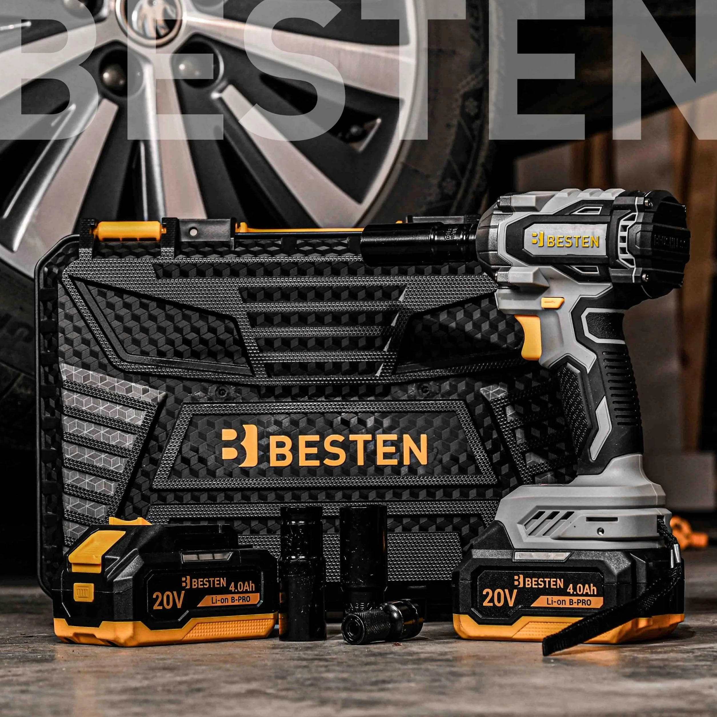 Klucz udarowy akumulatorowy BESTEN 450Nm • 20V BRUSHLESS • 1/2" trzpień • 3 biegi + Smart-Loosening • 2×4.0Ah B-PRO + szybka ładowarka • LED • walizka • BE0002891