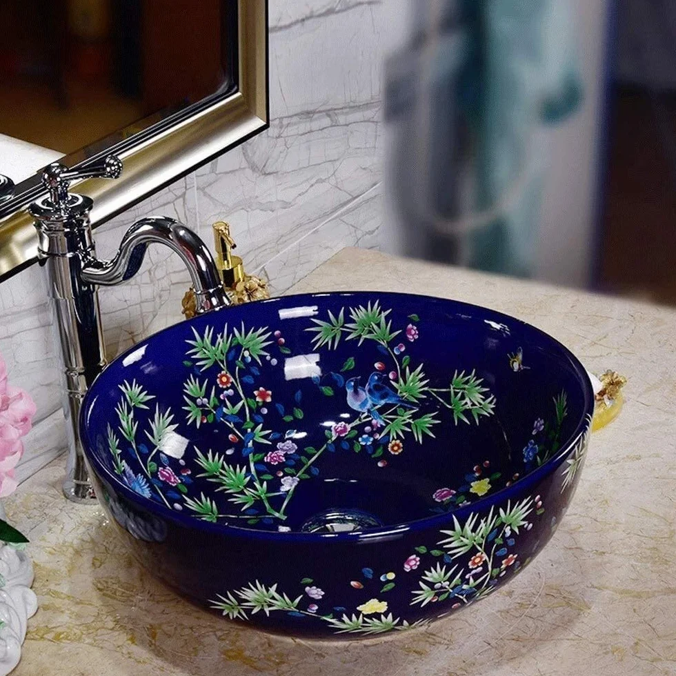 Szafka Pod Umywalkę Z Umywalką, Umywalka Łazienkowa, Umywalka Nablatowa, Umywalka Łazienkowa Ceramiczna Z Motywem Kwiatowym, Umywalka Nablatowa, Umywalka Nablatowa, 40 X 15 Cm