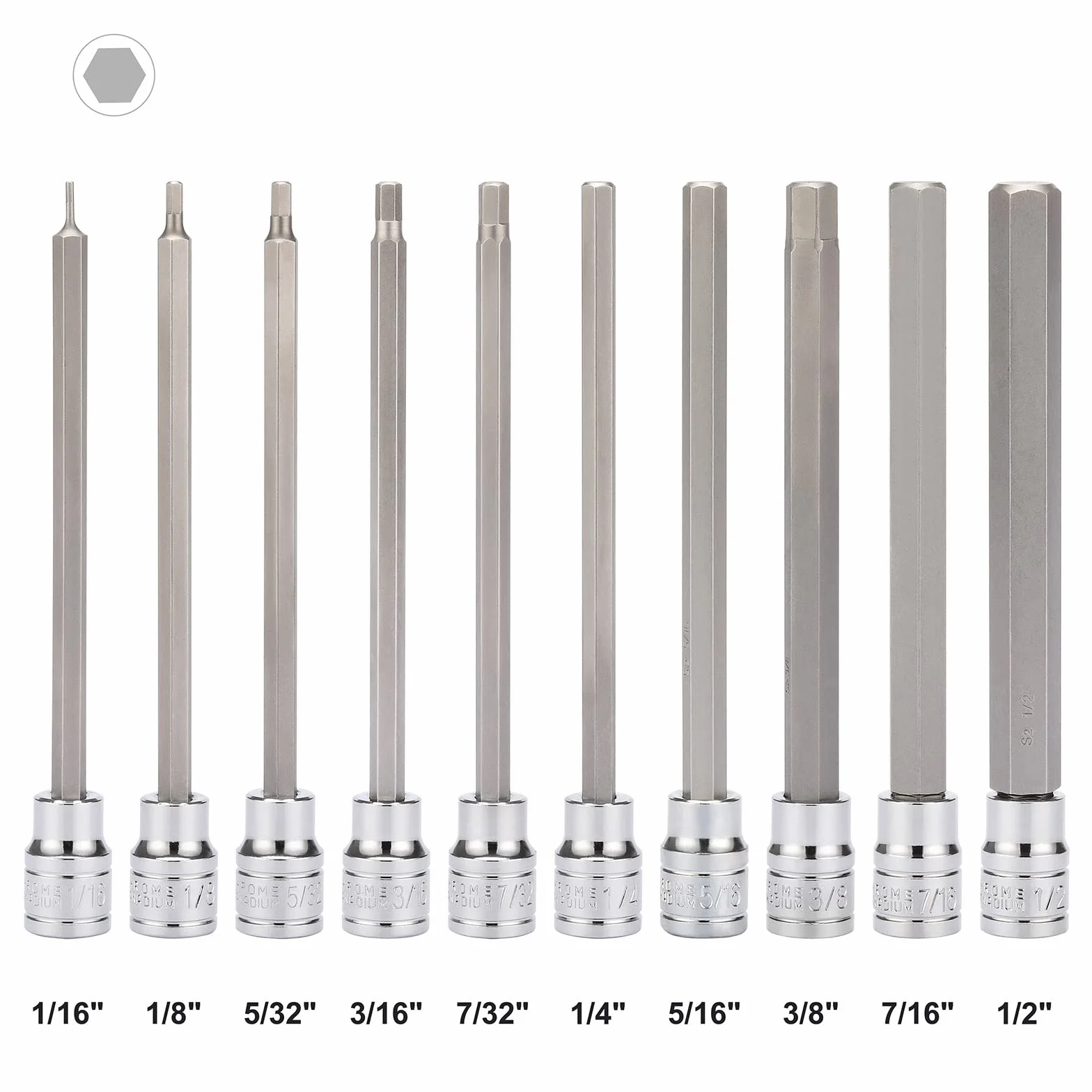 Mayouko Zestaw nasadek sześciokątnych 3/8", S2&CR-V, SAE, 10 sztuk, 1/16" - 1/2"
