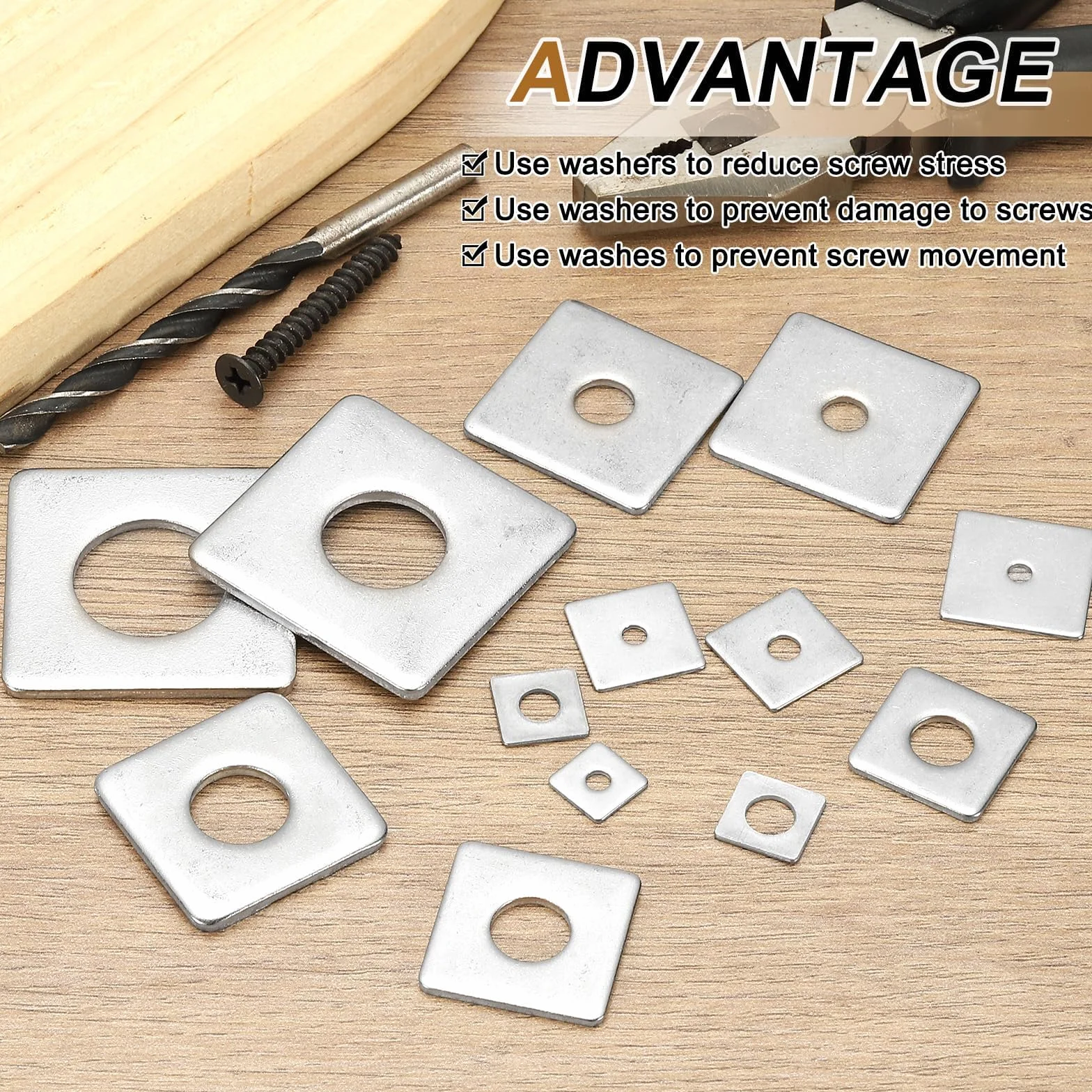 PATIKIL Kwadratowe podkładki M10 x 25 x 2 mm, 24 sztuki, kwadratowe podkładki pod płytki, kwadratowa podkładka podporowa, płyta łożyskowa, stal nierdzewna 304, uszczelka na śruby