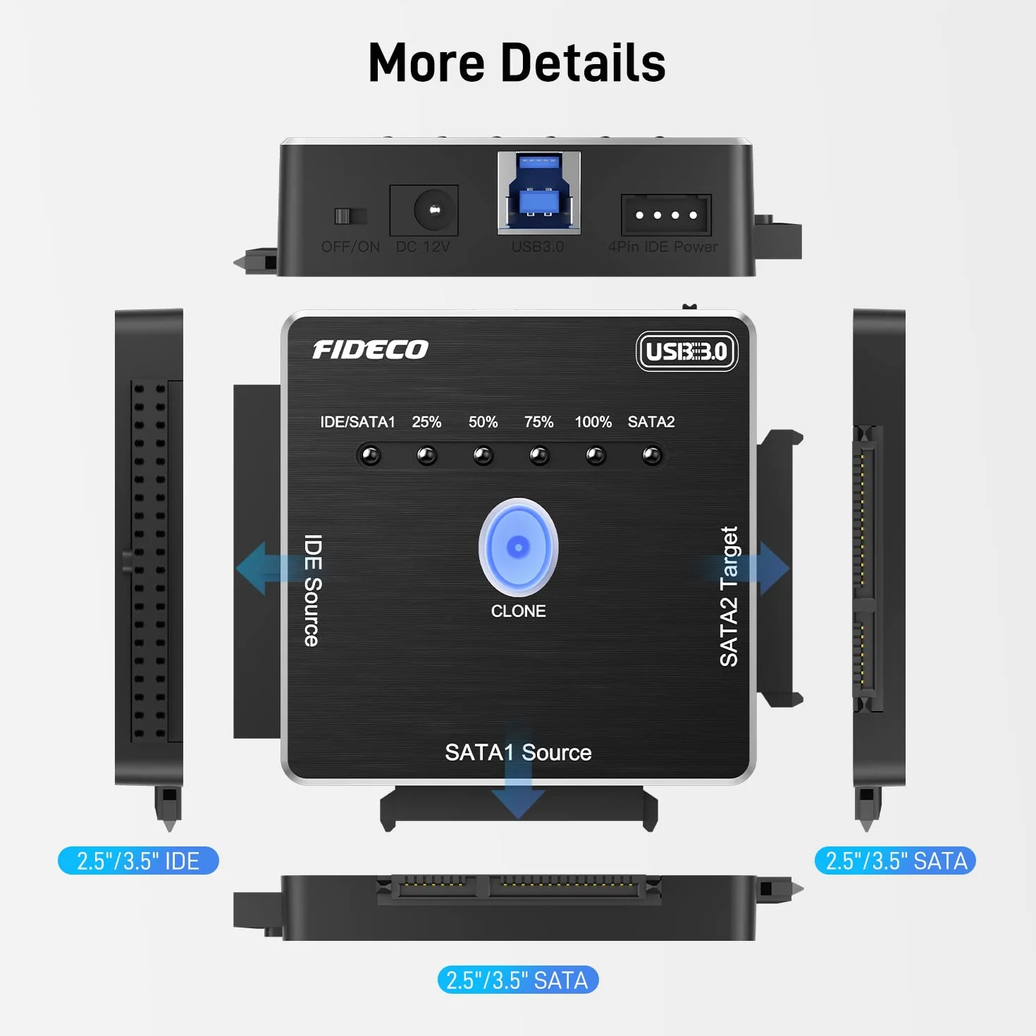 FIDECO Adapter USB 3.0 Na SATA i IDE, Konwerter Dysków Twardych Do 2,5 i 3,5 Cala HDD SSD, Zewnętrzny Adapter Z Zasilaczem 12 V, Bez Kierowcy (Klonowalny)