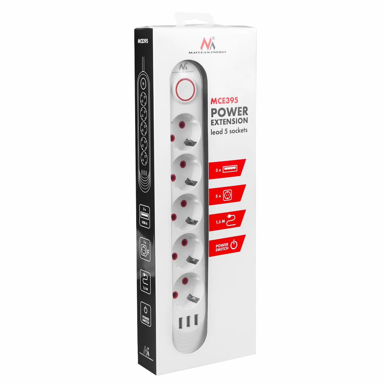 Maclean Listwa zasilająca MCE394/MCE395 2500 W 1,5 m Biały 5 gniazd 3xUSB