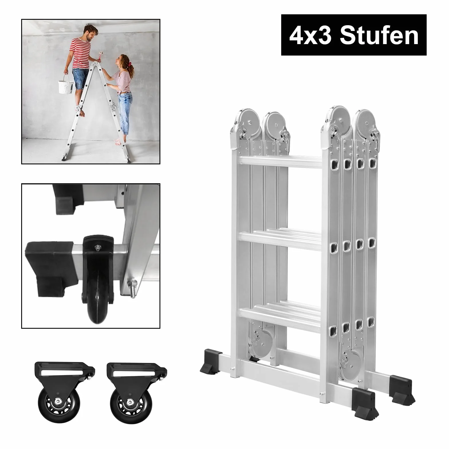Aufun Wielofunkcyjna drabina ze stopu aluminium, drabina wielofunkcyjna, do 150 kg, 16 stopni z 2 płytami rusztowania, srebrna