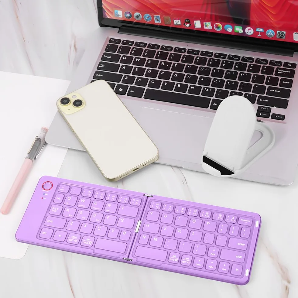 Aolso Składana klawiatura, składana, ładowalna, bezprzewodowa mini klawiatura do iOS, Android, Windows, QWERTZ, przenośna klawiatura radiowa w kieszonkowym formacie do iPada, smartfona, komputera