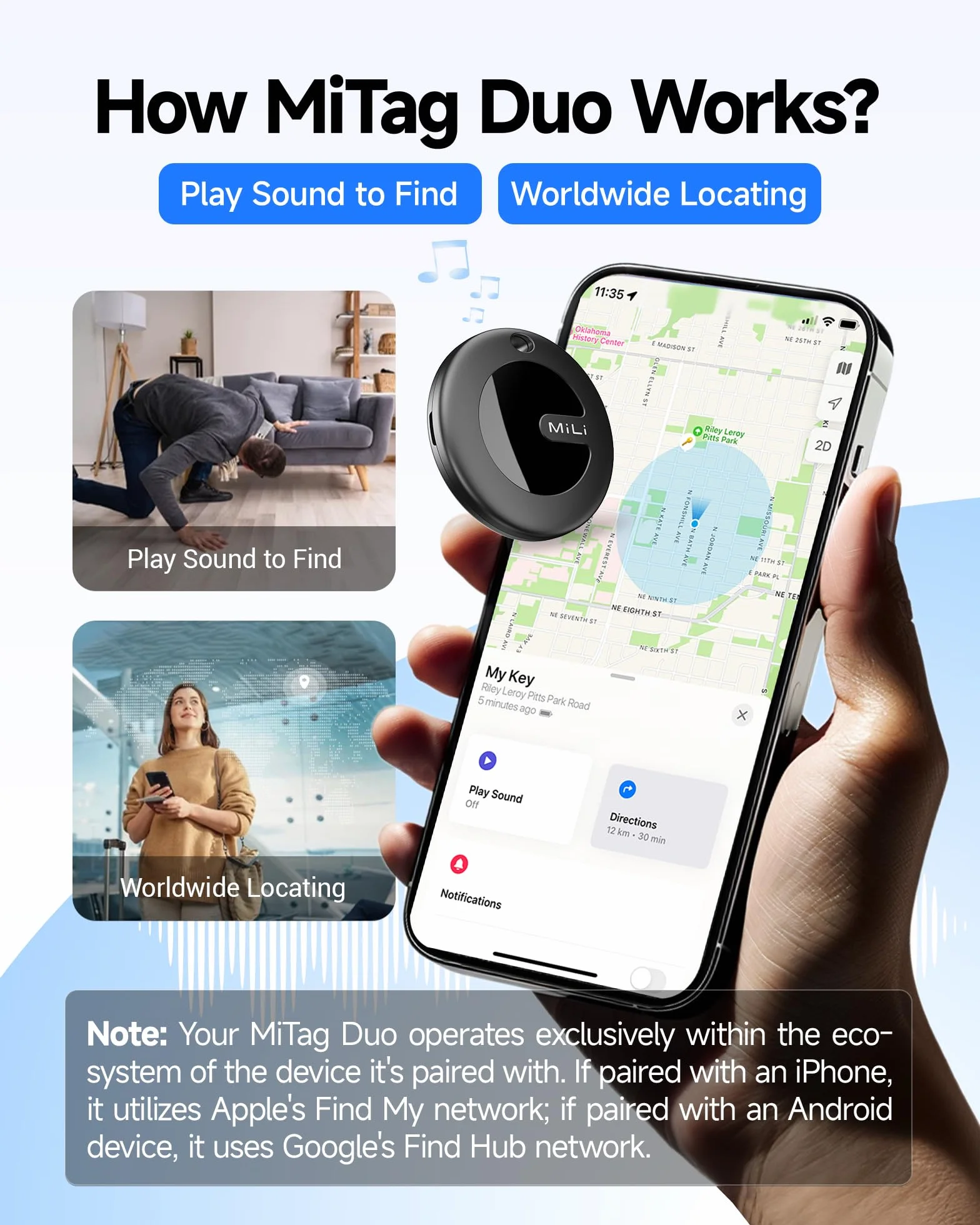 MiLi MiTag Duo Smart Tracker lokalizator kluczy kompatybilny z Apple Wo jest Znajdź urządzenie Android