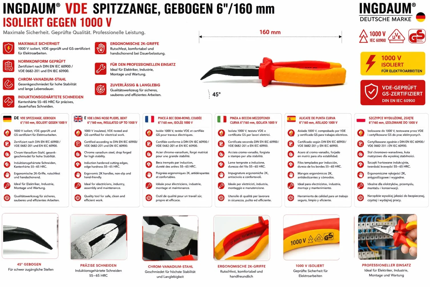 VDE, szczypce ze szpicami, kątowe, 6", izolowane przed 1000 V do czystego i bezpiecznego cięcia przewodów, żył i kabli (szczypce kątowe 15 cm)