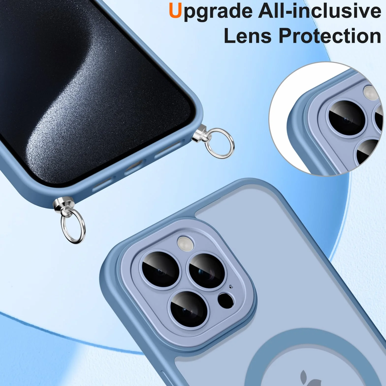 Pnakqil Magnetyczny pasek na telefon komórkowy z paskiem do iPhone 15 Pro Max, etui na telefon komórkowy, półprzezroczyste, z ochroną aparatu, regulowany i zdejmowany łańcuszek, osłona magnetyczna