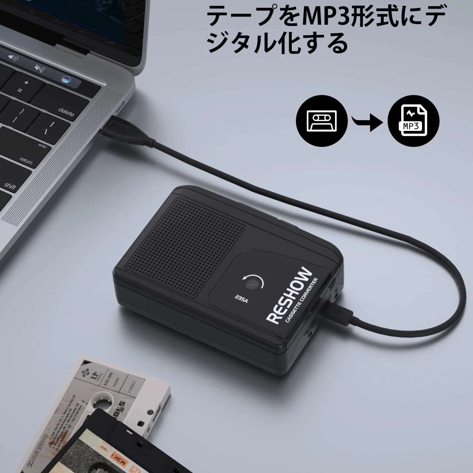 Reshow Przenośny magnetofon kasetowy, pełny dźwięk stereo, konwerter cyfrowy na MP3, magnetofon kasetowy z mikrofonem i wbudowanym głośnikiem, nagrywanie wsteczne na taśmę (czarny)