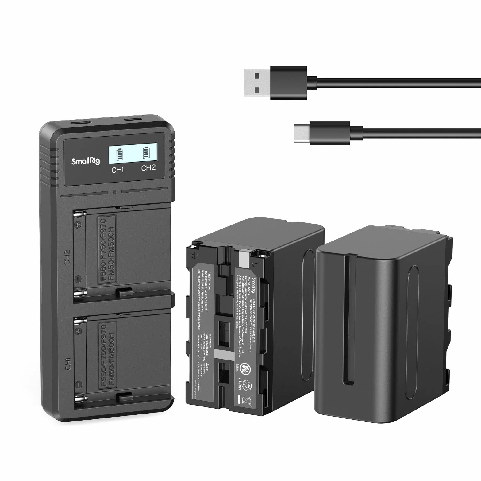 SMALLRIG Wymienne Baterie NP-F970 2 sztuki Szybka ładowarka Podwójna USB dla Sony NP-F970 NP-F960 NP-F950