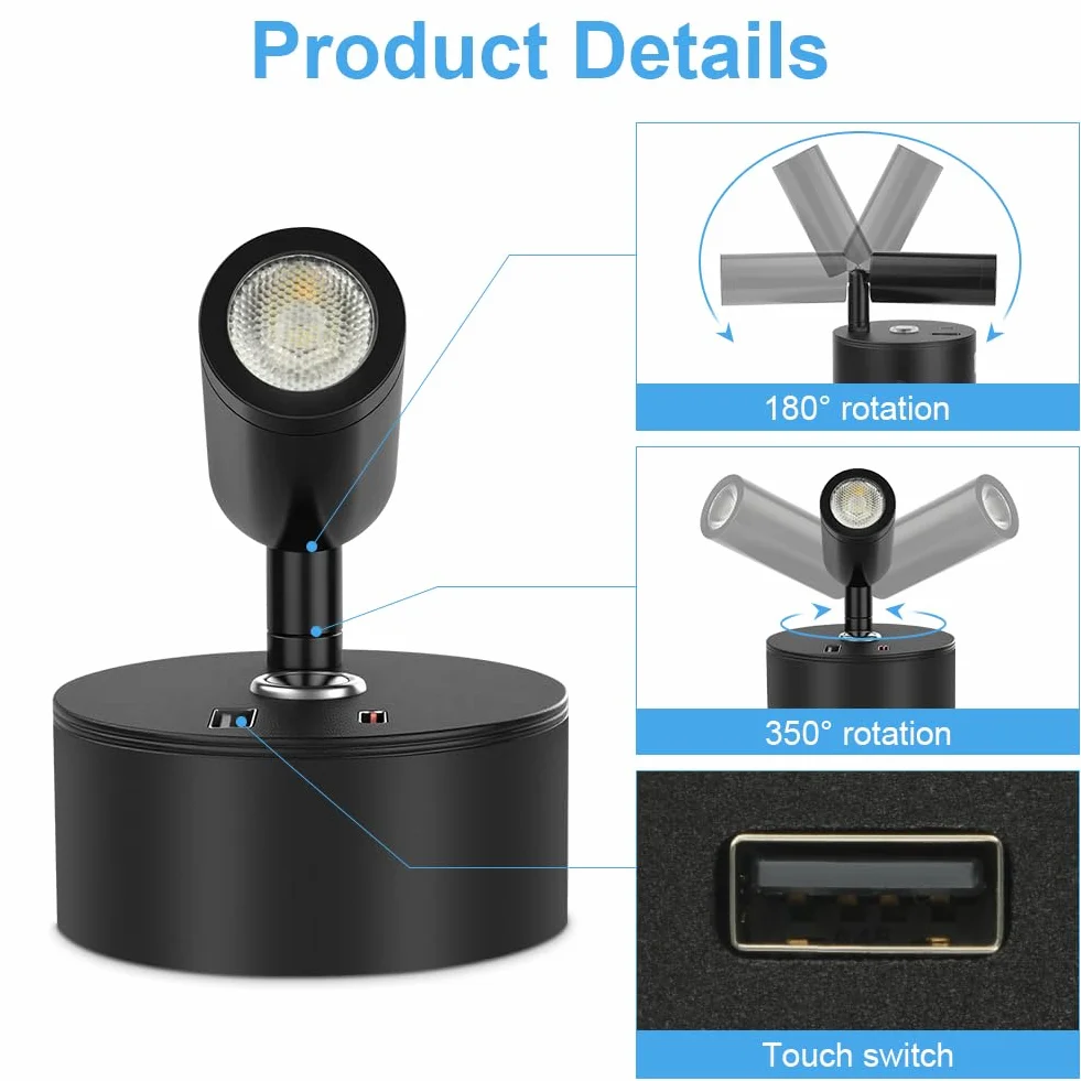 Lampa do czytania LED 12V do kampera, kamper, kinkiet lampa do łóżka z przełącznikiem dotykowym ściemniana, 3 tryby temperatury barwowej z funkcją ładowania złącza USB A+C, do oświetlenia