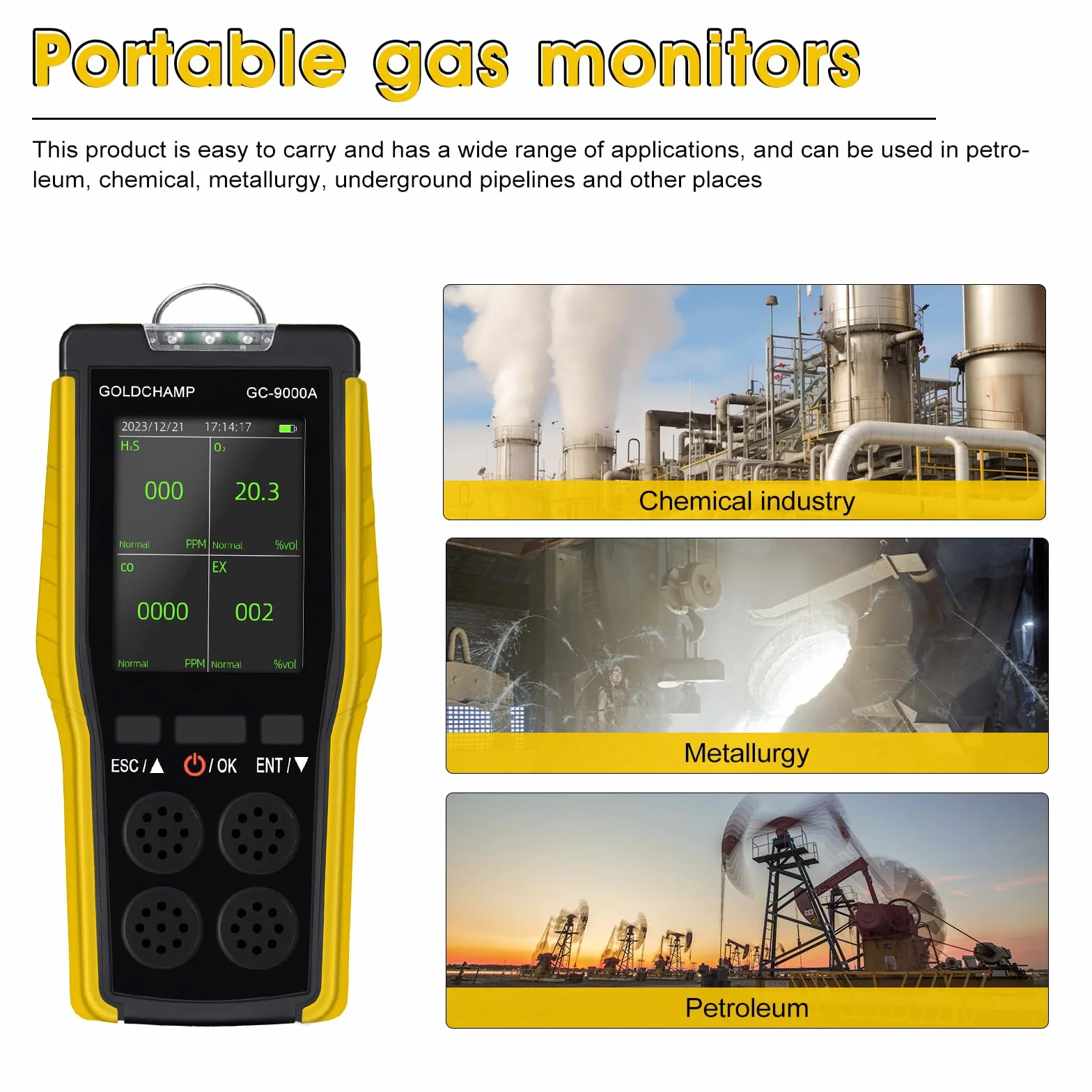 Detektor gazu 4 w 1 do palnych/O2/H2S/CO, alarmu dźwiękowego/świetlnego/wibracyjnego i wyświetlacza LCD, detektorów wycieku gazu do domu + anemometru ręcznego, 5 jednostek i przełącznik ℃/℉, miernik