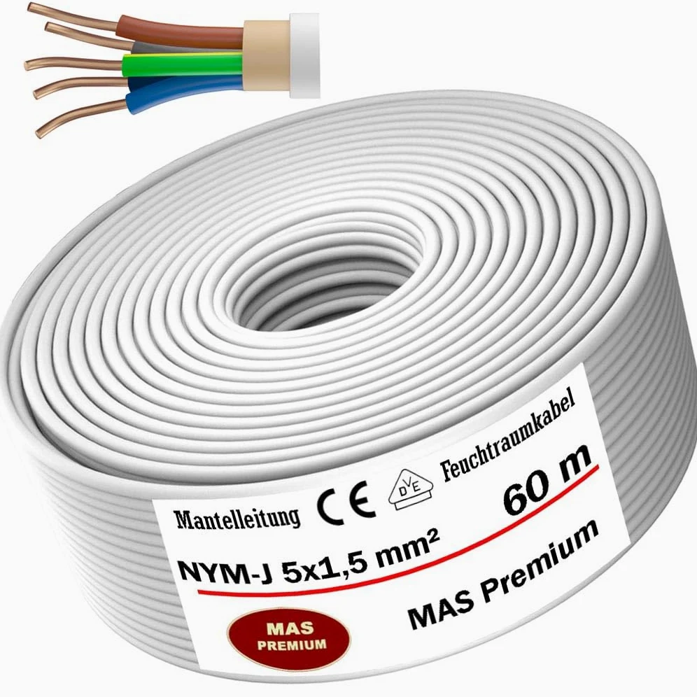 Kabel zasilający do wilgotnych pomieszczeń, kabel zasilający od 5 m do 170 m, przewód płaszczowy NYM-J 5 x 1,5 mm², kabel elektryczny pierścień do stałego układania (60 m)