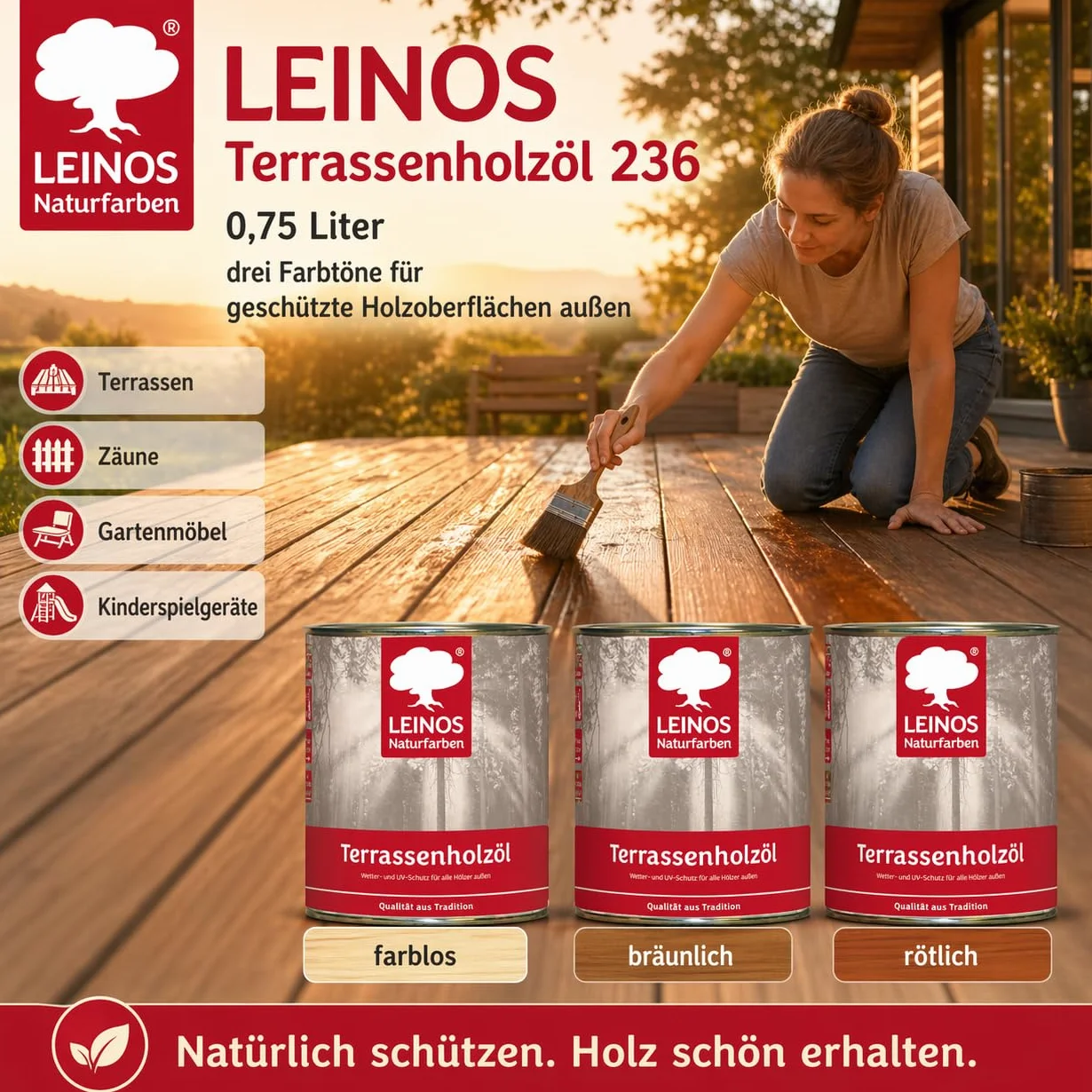 Leinos Olej do drewna tarasowego, 0,75 l, brązowawy olej do ochrony drewna premium do ochrony drewna modrzewiowego, dębu, drewna tekowego i akacji, do mebli ogrodowych i tarasów