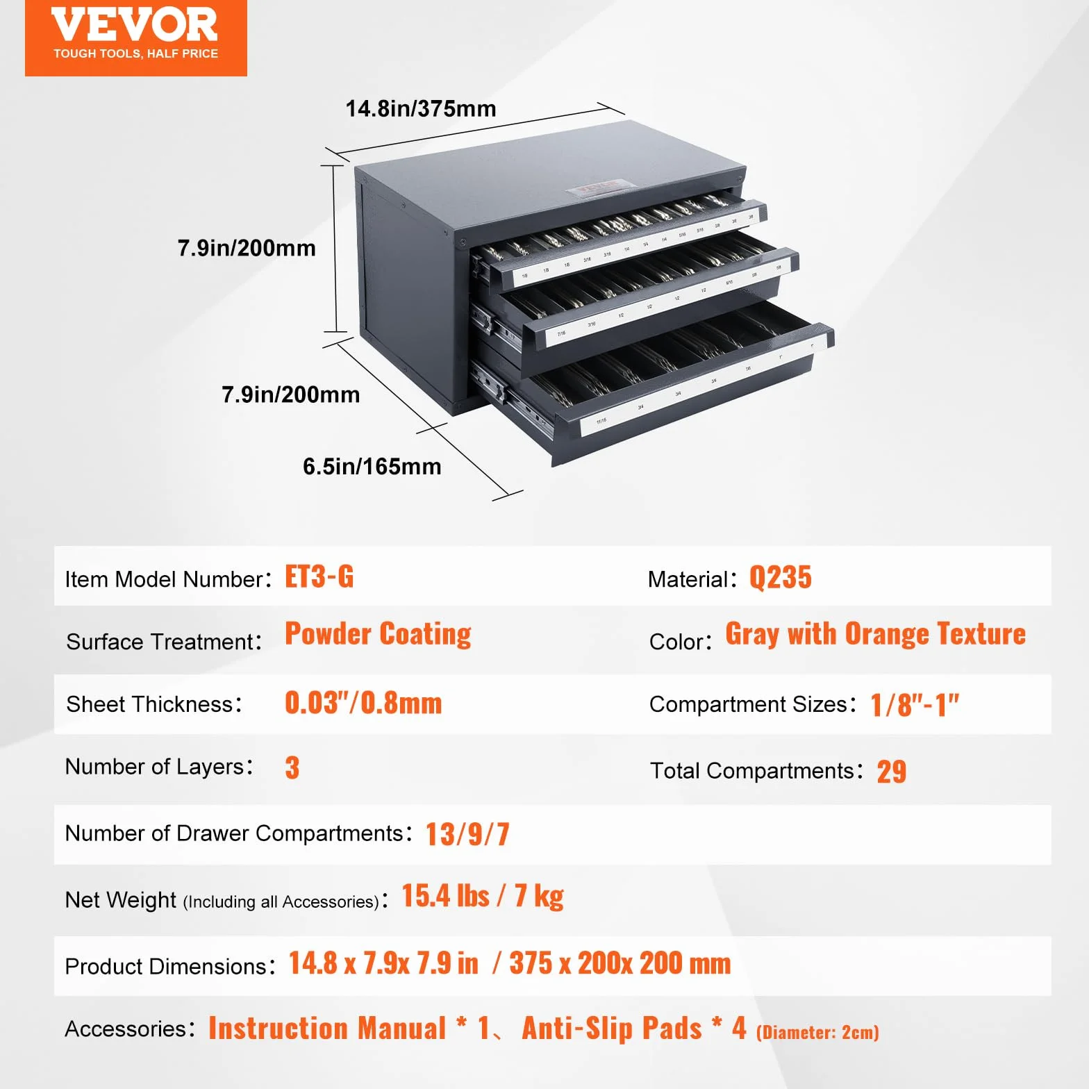 VEVOR Szafka z dozownikiem frezów trzpieniowych, szafka z trzema szufladami, organizer na frezy 1/20.3 cm do 2.5 cm, stalowy organizer z etykietami, 29-komorowy do układania w stos, do przechowywania