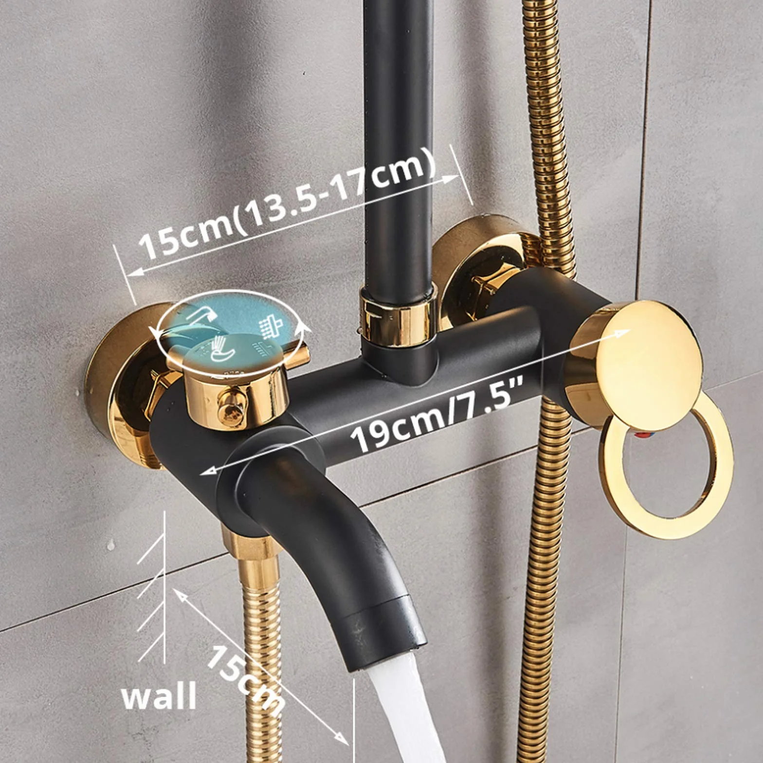System prysznicowy, termostat, mosiężna bateria mieszakowa, zestaw prysznicowy z deszczownicą, czarno-złota armatura prysznicowa, montaż na ścianie, wodospad, odpływ wanny, natężenie przepływu wody