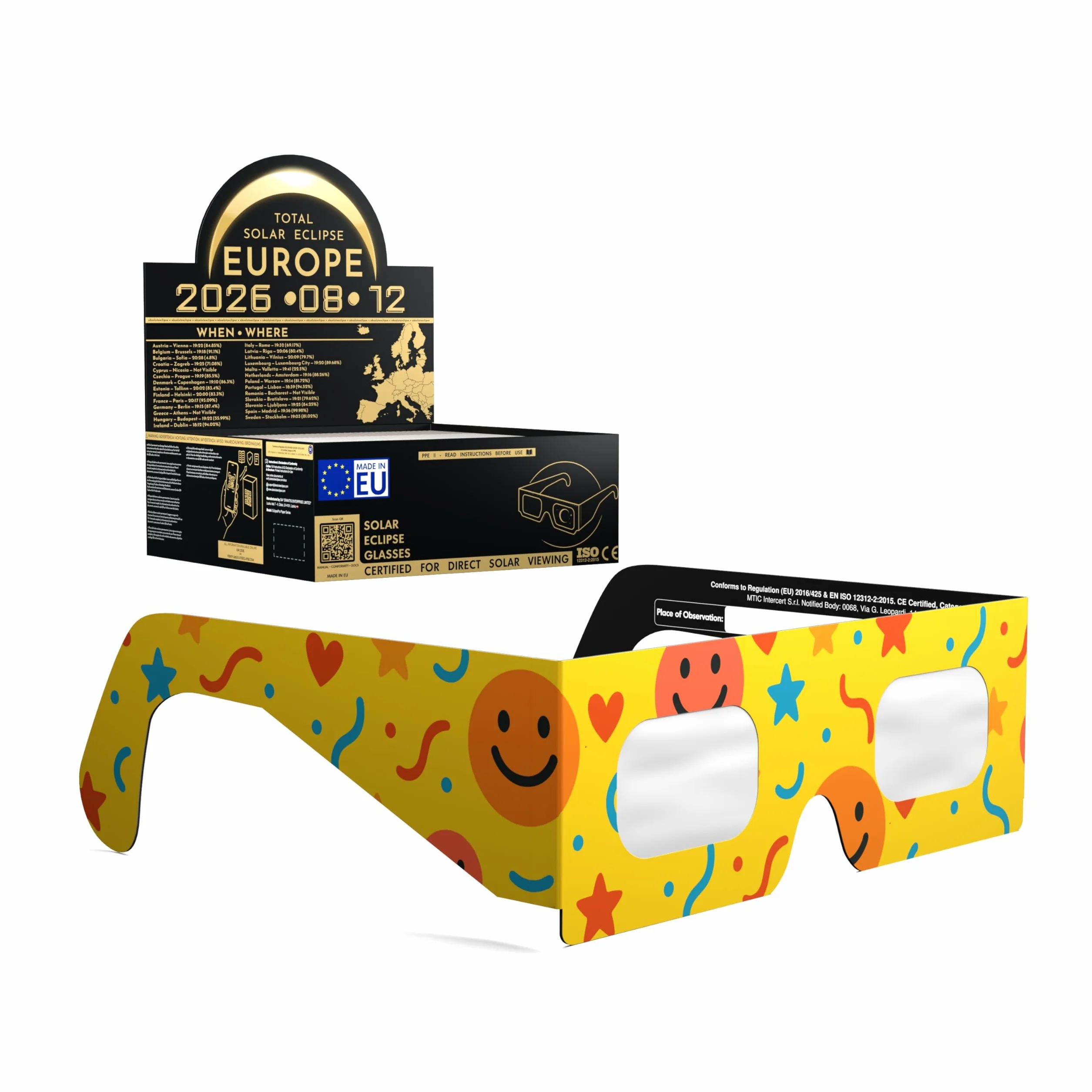 Absolute Eclipse Zabawne okulary do zaćmienia słońca hurtowo - testowane przez ISO 12312-2 i certyfikat CE - zalecany przez AAS producent UE - 2026 Eclipse Europe