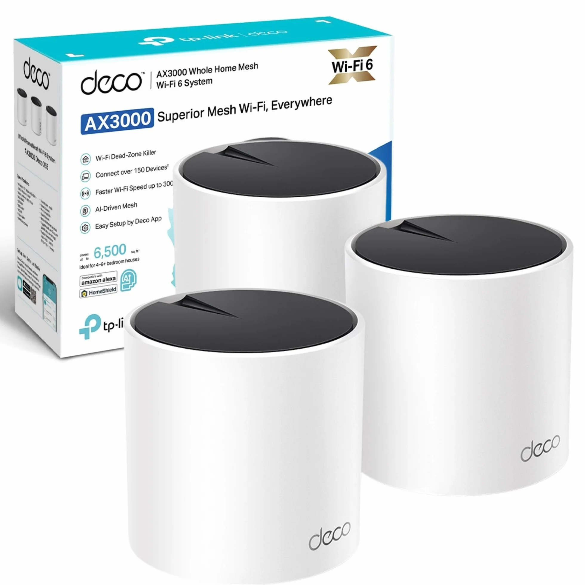 TP-Link Deco X55 AX3000 Mesh Wi-Fi 6 System, 3 sztuki, trzy porty gigabitowe, zasięg do 6500 stóp
