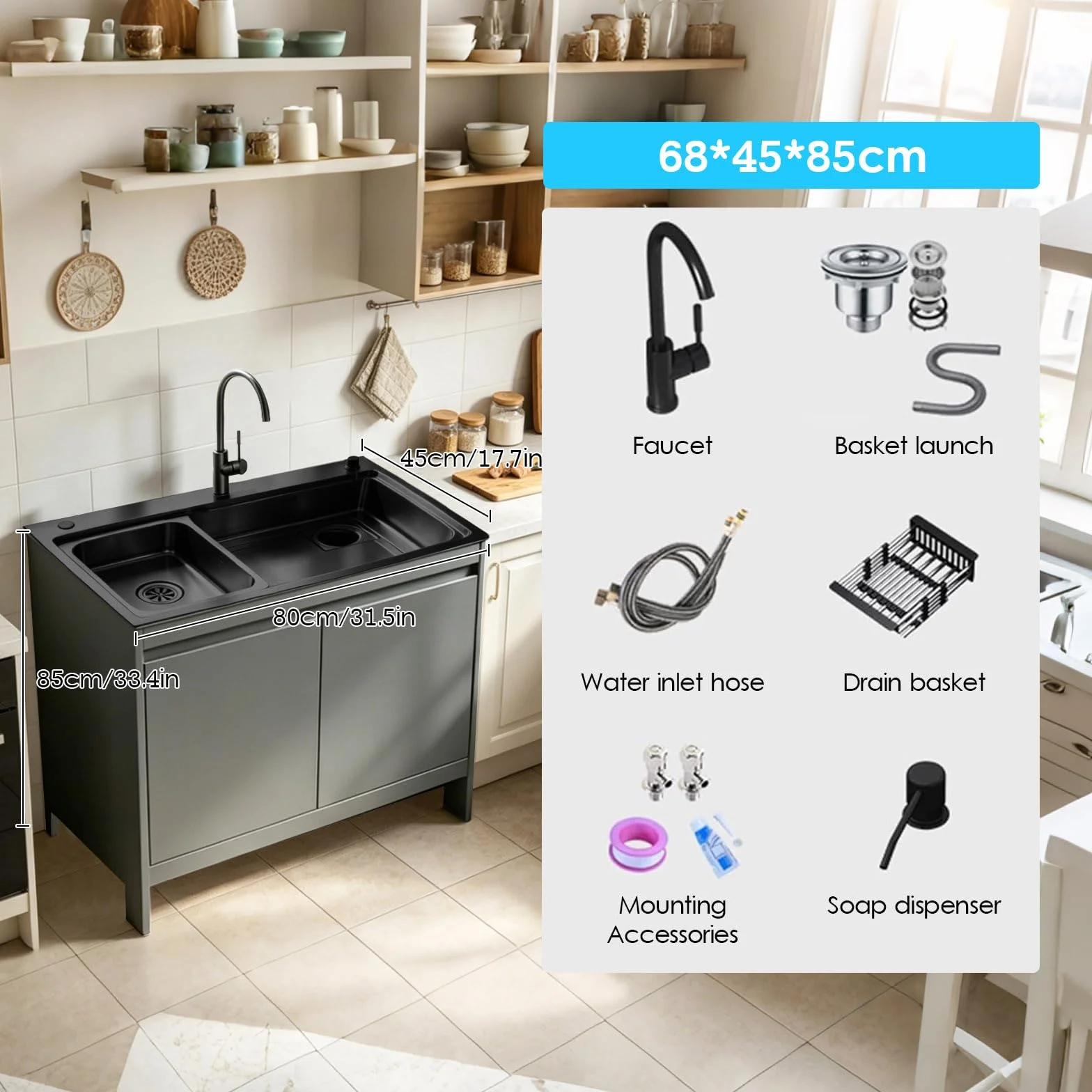 Szafka do umywalki, wodoodporna aluminiowa szafka o strukturze plastra miodu z umywalką Nano ze stali nierdzewnej czarnej, umywalka na zewnątrz/wewnątrz z kranem łabędzia szyja, biały/szary