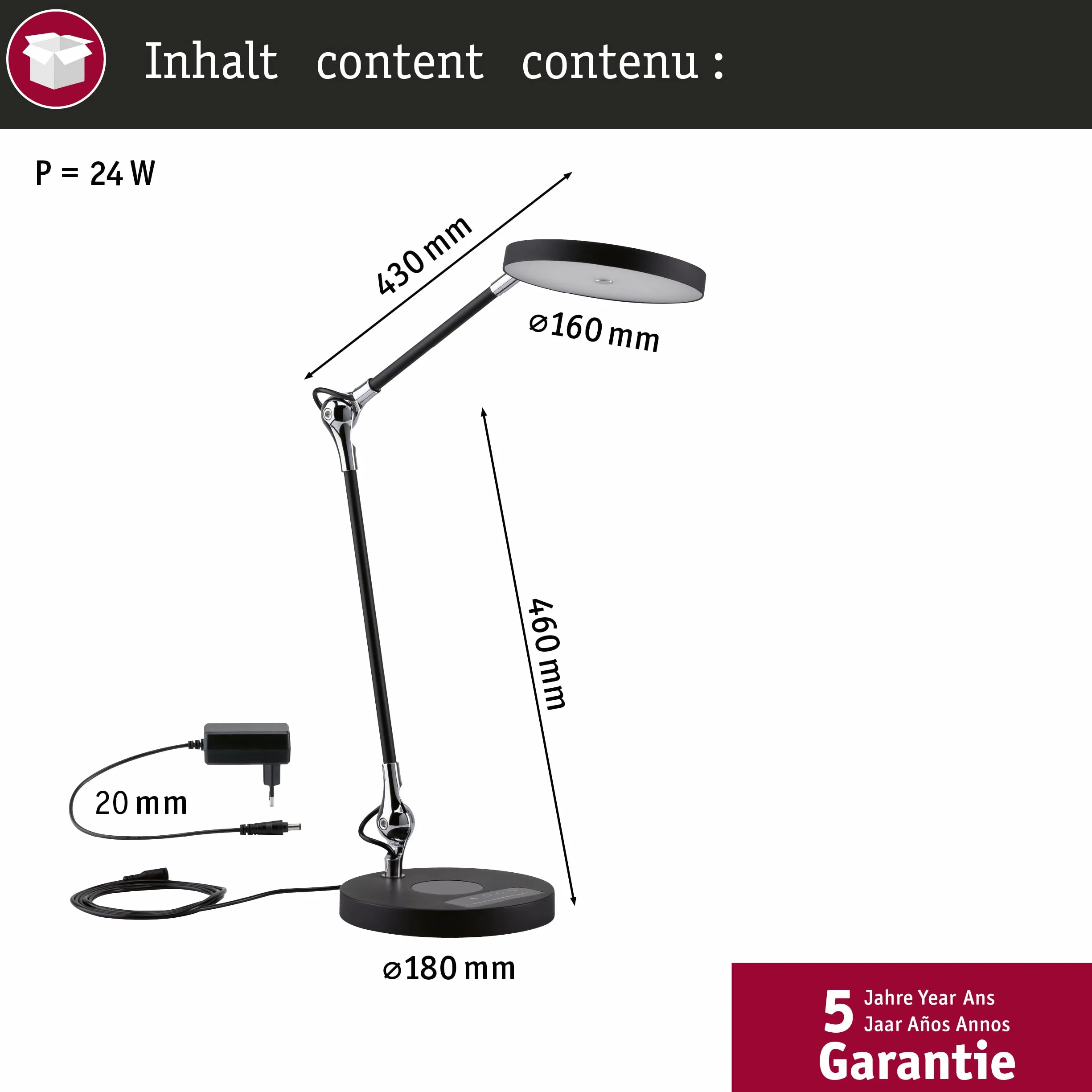 Paulmann 78910 LED oprawa na biurko Numis White Switch Qi funkcja ładowania w kompl. 1x11 W ściemniana czarna aluminium, tw. sztuczne 2700 - 6500 K