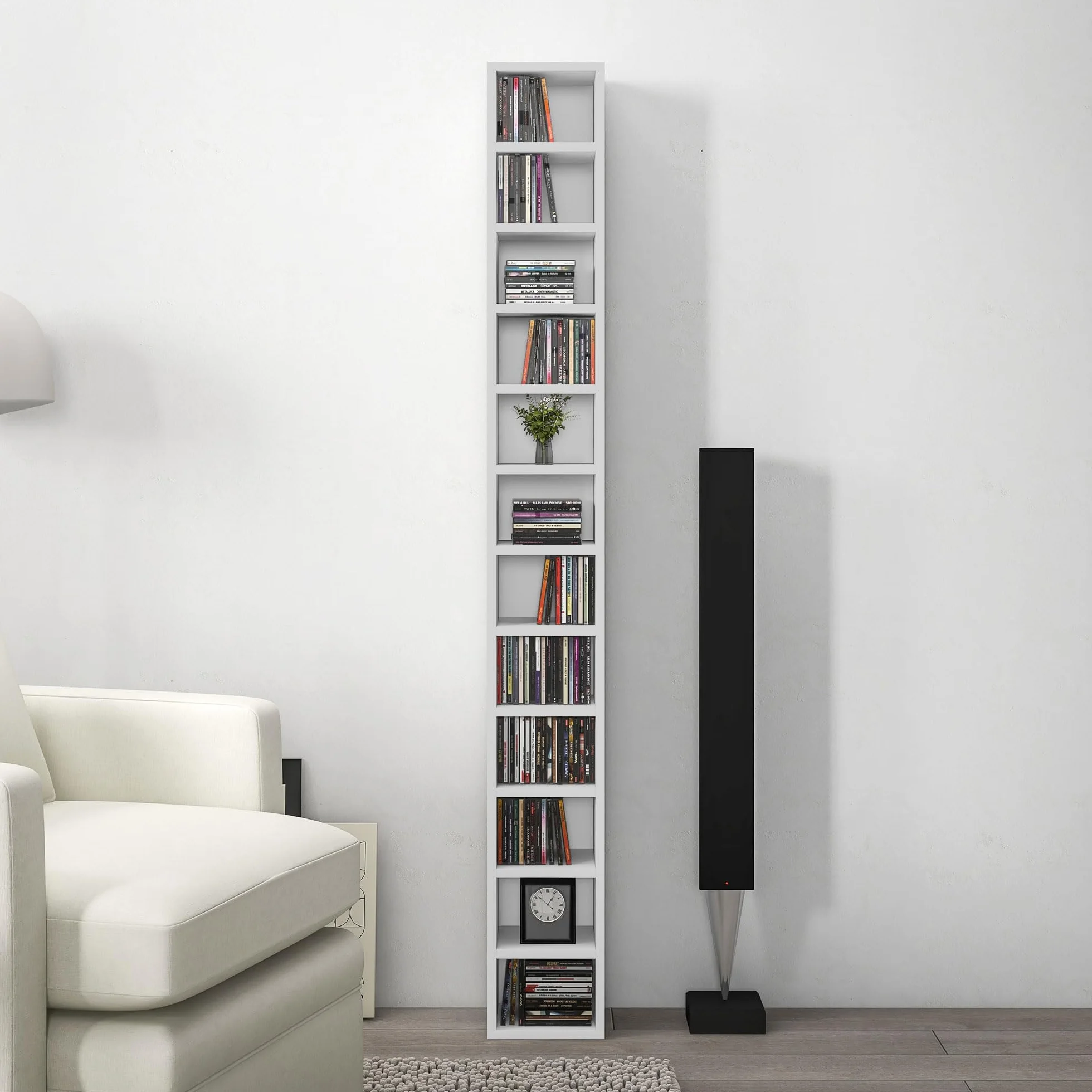 HOMCOM Przechowywanie płyt CD i DVD, kolumna do przechowywania, szafka do przechowywania z 12 przegródkami, maks. pojemność 204 CD, 21 x 20 x 175 cm, biały