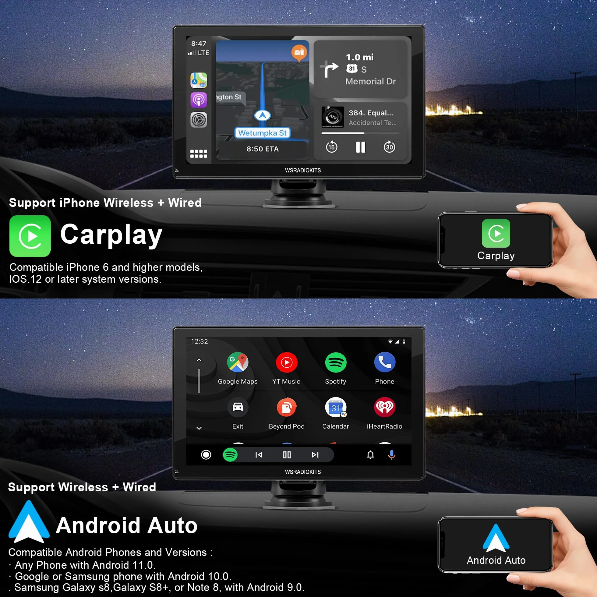 9-calowy bezprzewodowy wyświetlacz Carplay z systemem Android, radio samochodowe, bezprzewodowy ekran Carplay, z systemem Android z AUX/FM, kamera cofania, Mirror Link, Siri i G-oogle, Bluetooth do