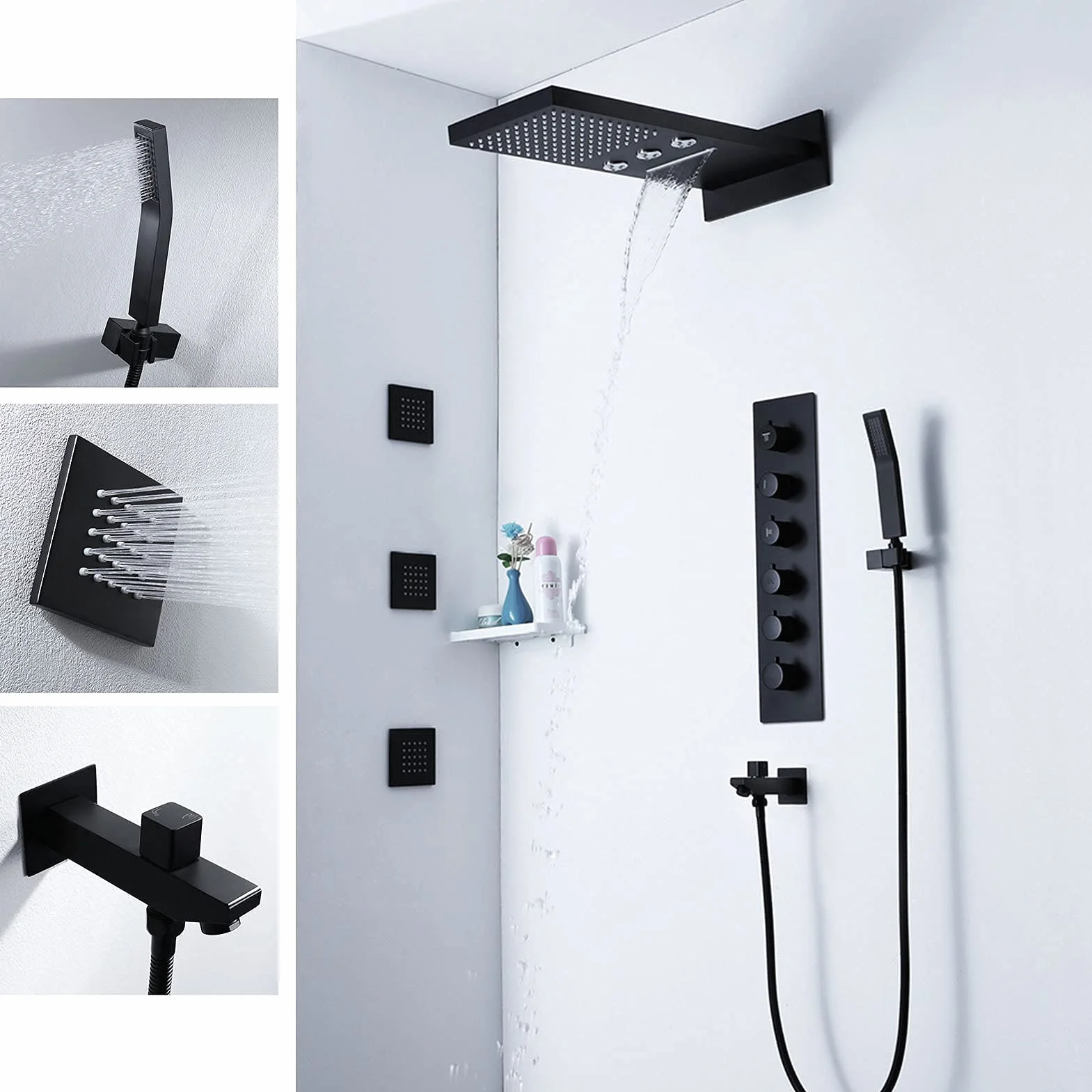System prysznicowy matowy czarny, nowoczesne zestawy baterii prysznicowych z deszczownicą wodospadową, ręczny spray prysznicowy, wylewka wanny, dysze korpusu, mosiężny zawór termostatyczny