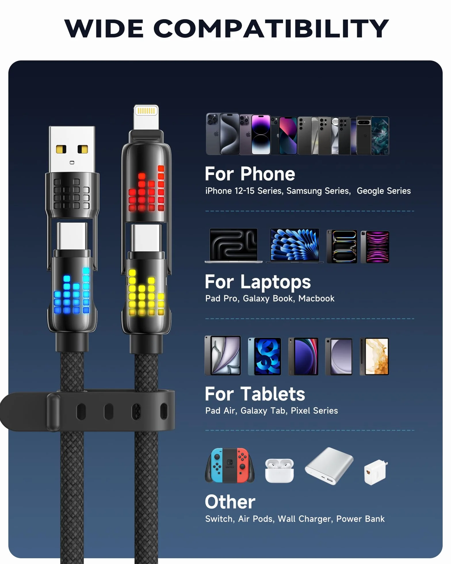 RAVIAD Wielofunkcyjny kabel USB 4 w 1 240 W 2 M USB C/USB A na Lightning iPhone 16/15/14