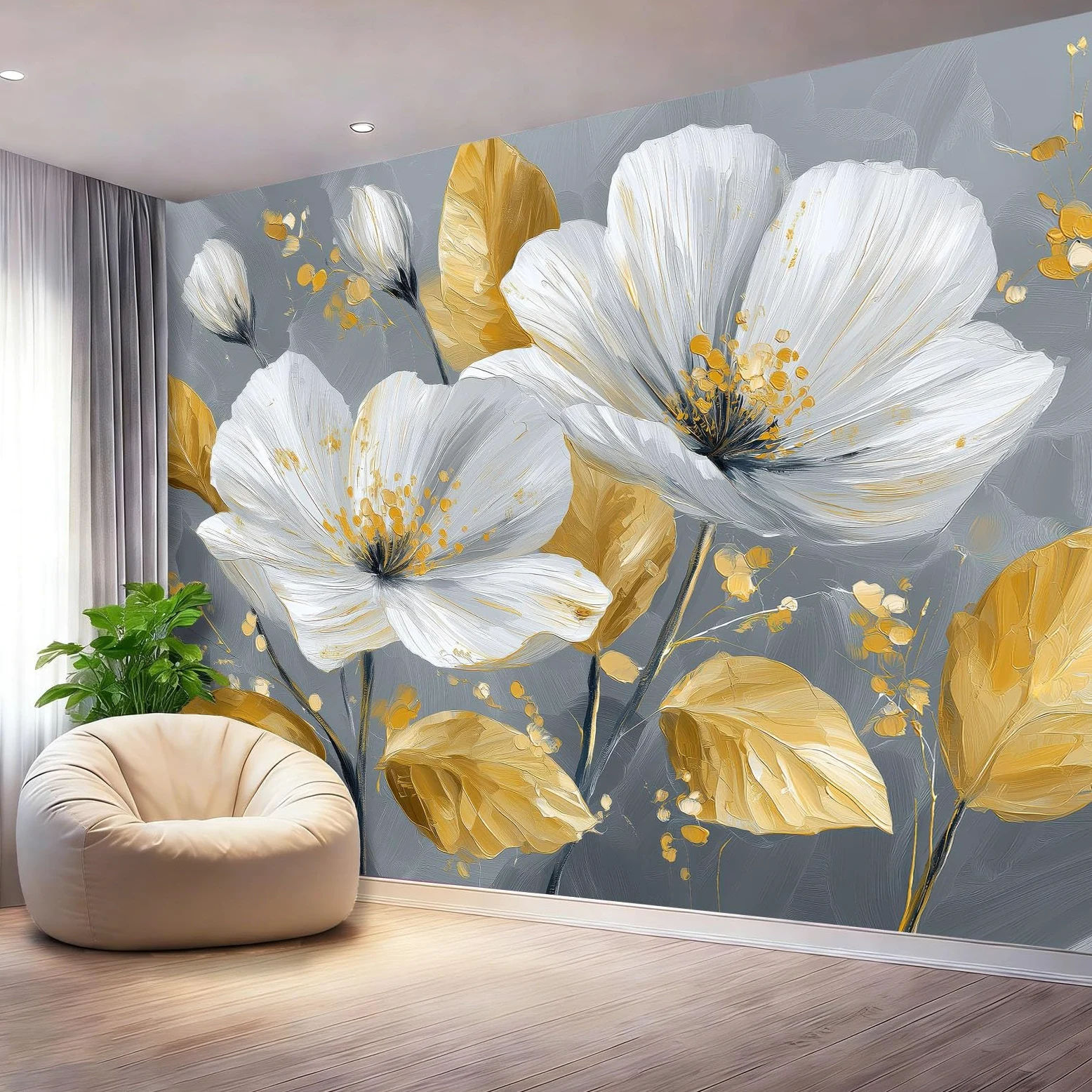 Fototapeta 350 x 256 cm ściany dekoracja salonu design elegancja rośliny kwiaty obraz olejny do sypialni salonu tapeta z włókniny, złoty szary