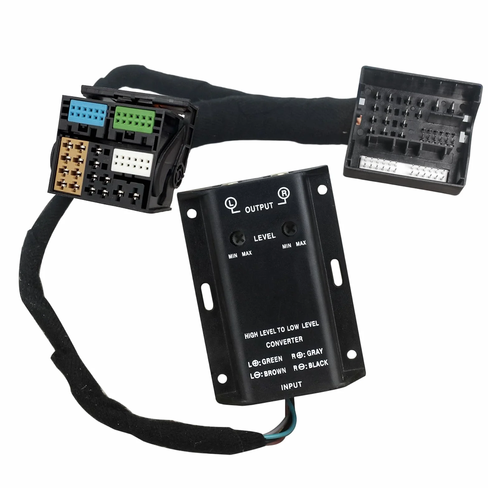 High Low adapter subwoofera konwerter do radia samochodowego 2-kanałowy adapter cinch, kabel na wyjście Quadlock, kabel przedłużający High-Low pasuje do BMW Ford, Mercedes, Seat, Skoda, VW