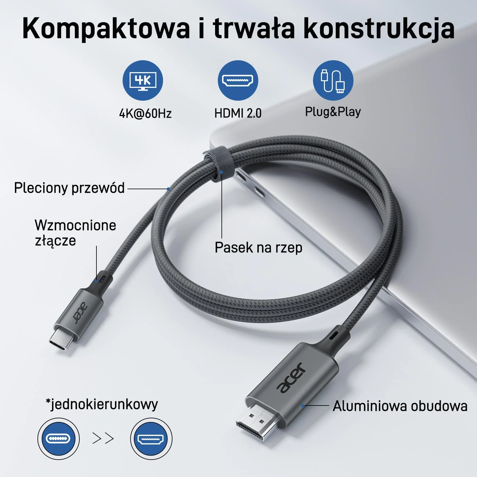 Acer Kabel USB C do HDMI 4K@60Hz Thunderbolt 3/4 Aluminium Nylon 2m