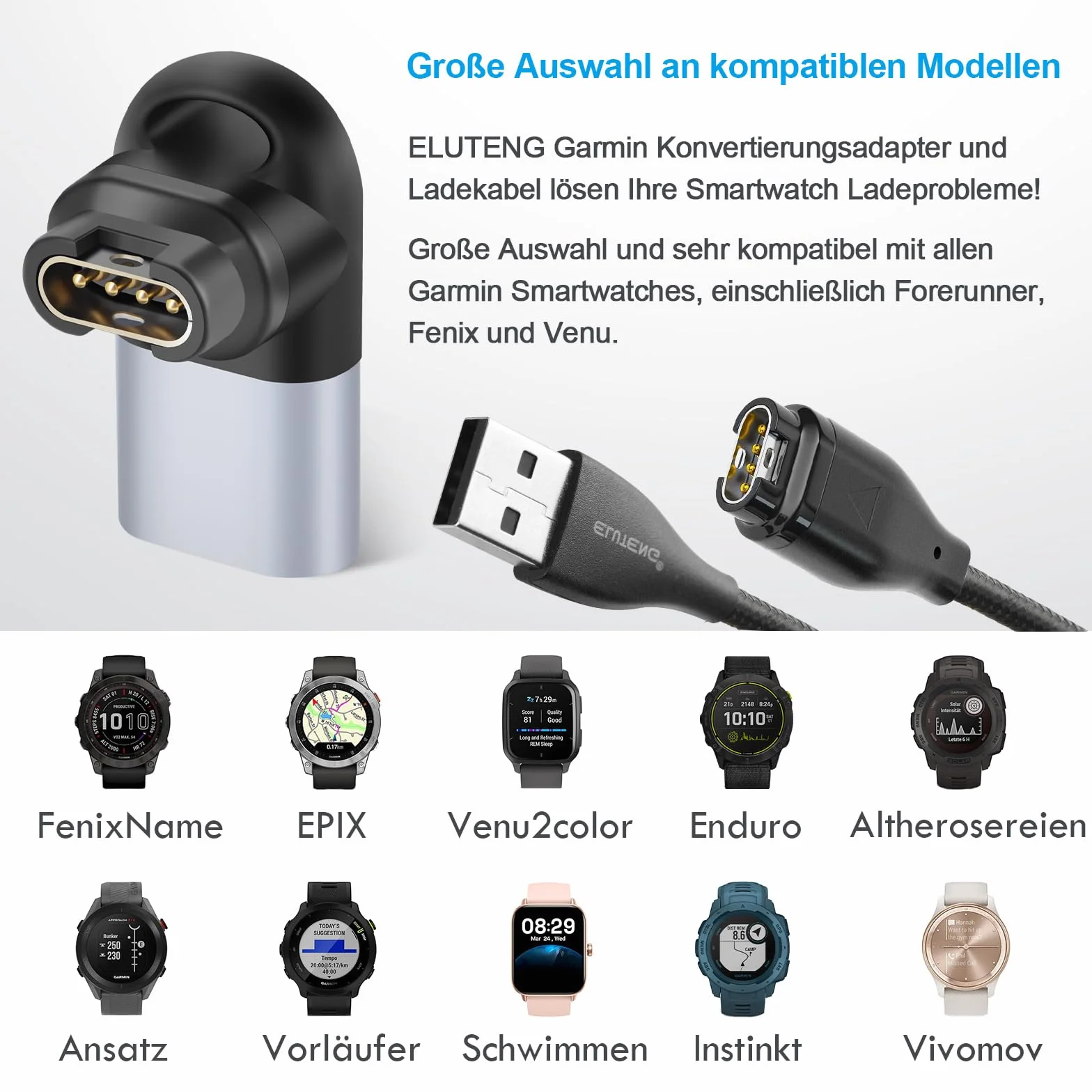 ELUTENG Ładowarka do Garmin z 2 adapterami USB C 90 stopni, kompatybilna z Garmin Fenix 8 E 7 7S 7X 6 6S 6X Pro 5 5S 5X Plus, Epix, Approach x10/S60/S62, Vivoactive, Vivomove, Venu, Forerunner