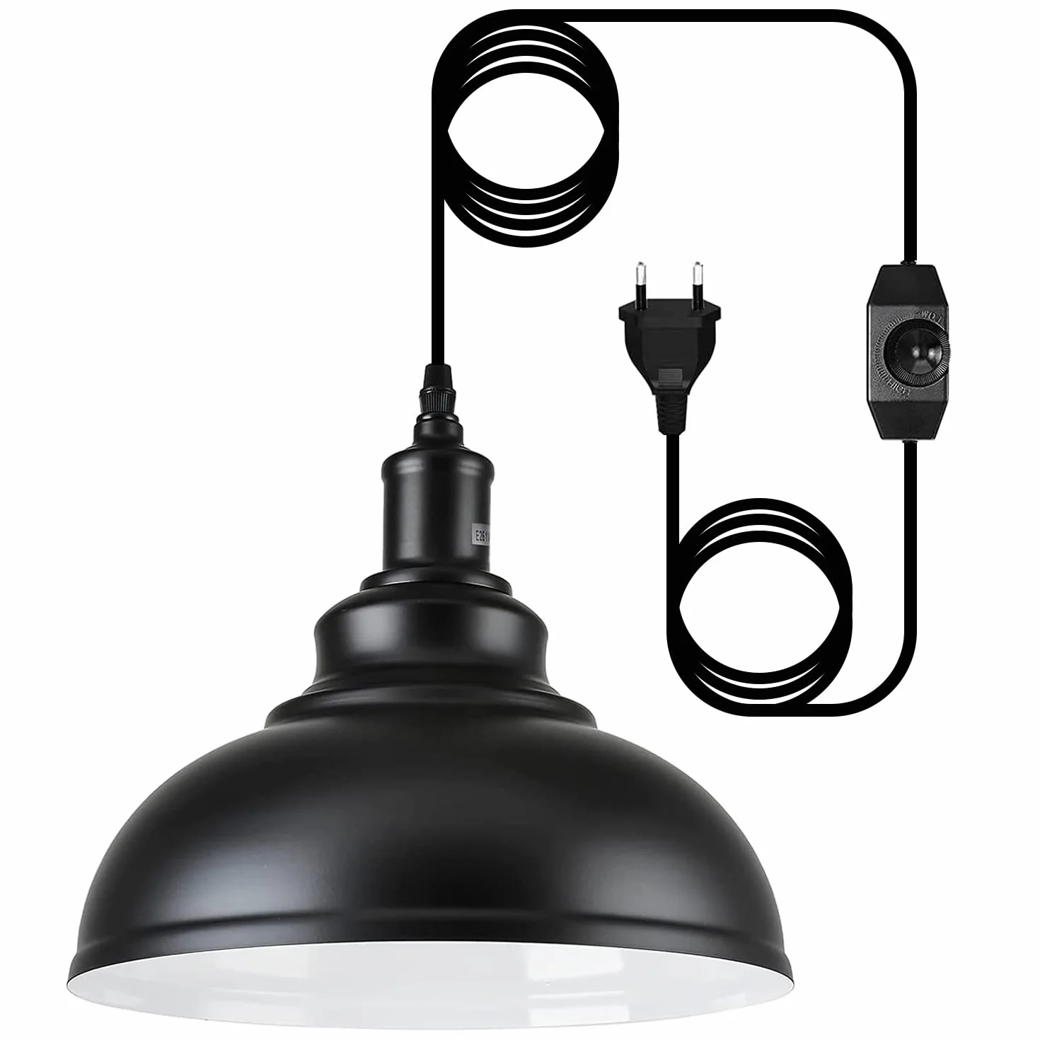 Lampa wisząca z wtyczką, lampa wisząca w stylu vintage, ściemniana, czarna, metalowa, gwint E27, z kablem 4,5 m i przełącznikiem ściemniacza, do użytku na zewnątrz i wewnątrz, do ogrodu, na balkon