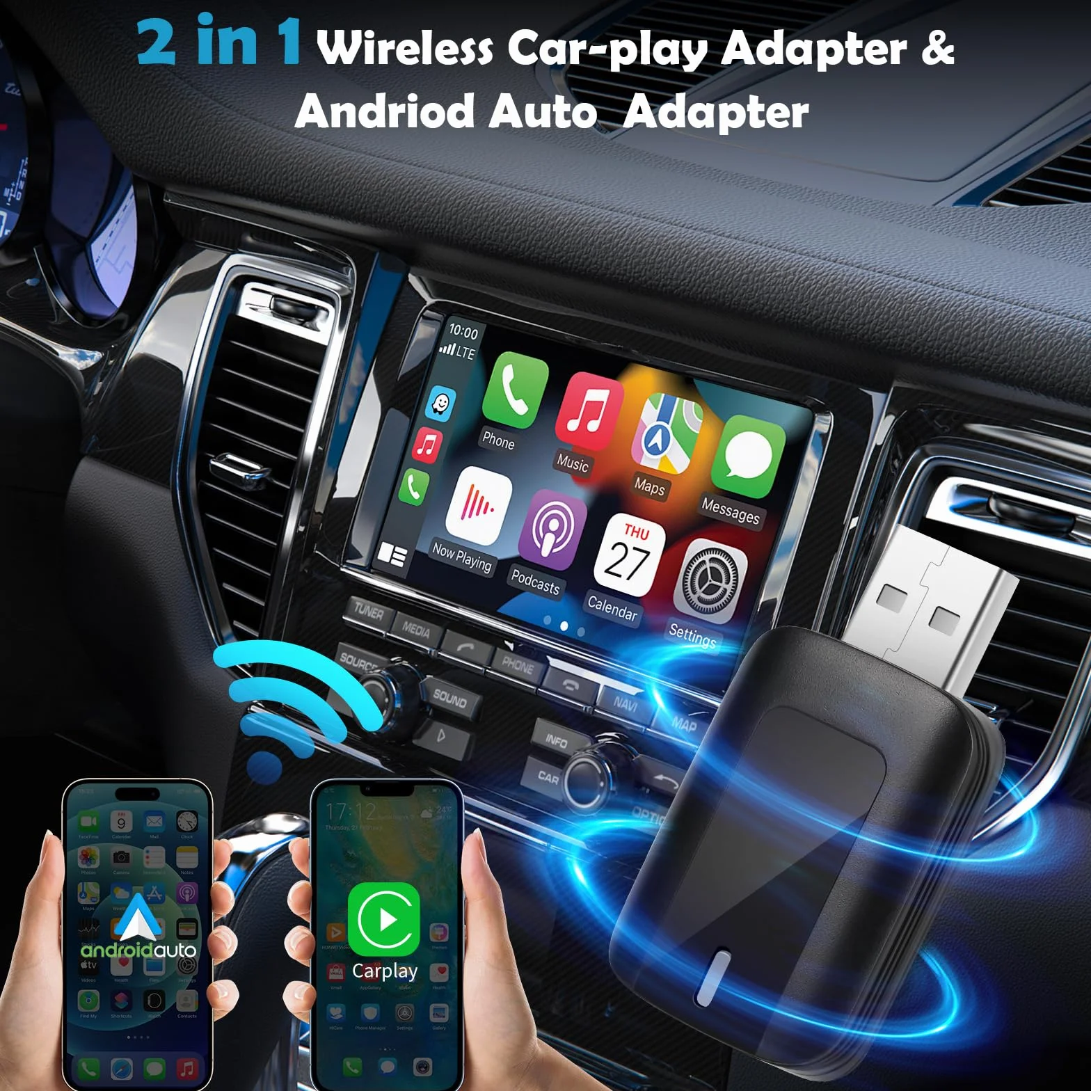 Euakee Android Auto & I-O-S CarPlay bezprzewodowy adapter, Plug & Play 5 GHz WiFi Wireless CarPlay Dongle, łatwy do aktualizacji, przewodowy samochód Play to Wireless Fits Cars 2015+ (BT5.0/WiFi2.4G)
