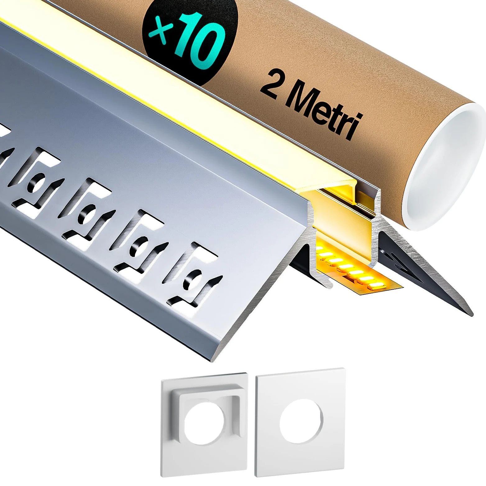10 x aluminiowy profil narożny LED, 2 m (20 m), profil LED do montażu na sucho, 45 stopni, do taśm LED 9 mm / listew LED / profil LED, z mlecznobiałą osłoną zaślepek – 2000 x 47,27 x 22,64 mm