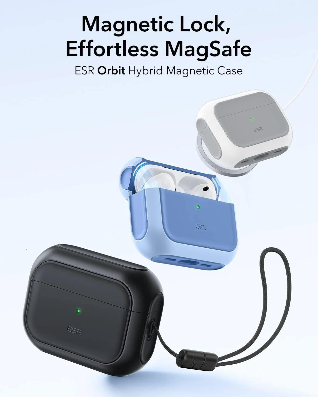 ESR Etui do AirPods Pro 3, kompatybilne z AirPods Pro 3. generacji (2025), kompatybilne z MagSafe, pełna ochrona przed upadkiem z etui i smyczą, czarne