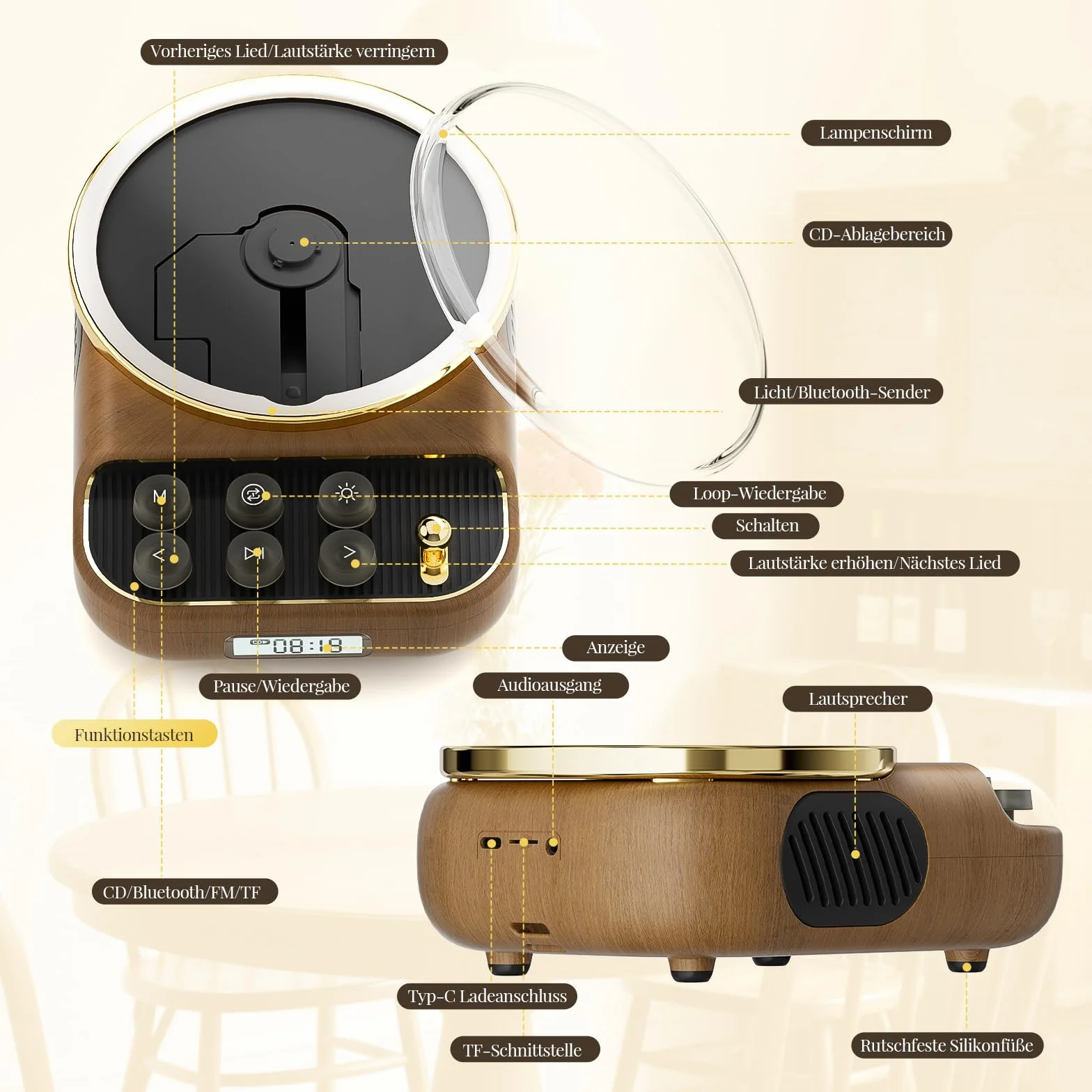Przenośny odtwarzacz CD retro z Bluetooth 5.3, radio FM, głośnik HiFi, lampka nocna