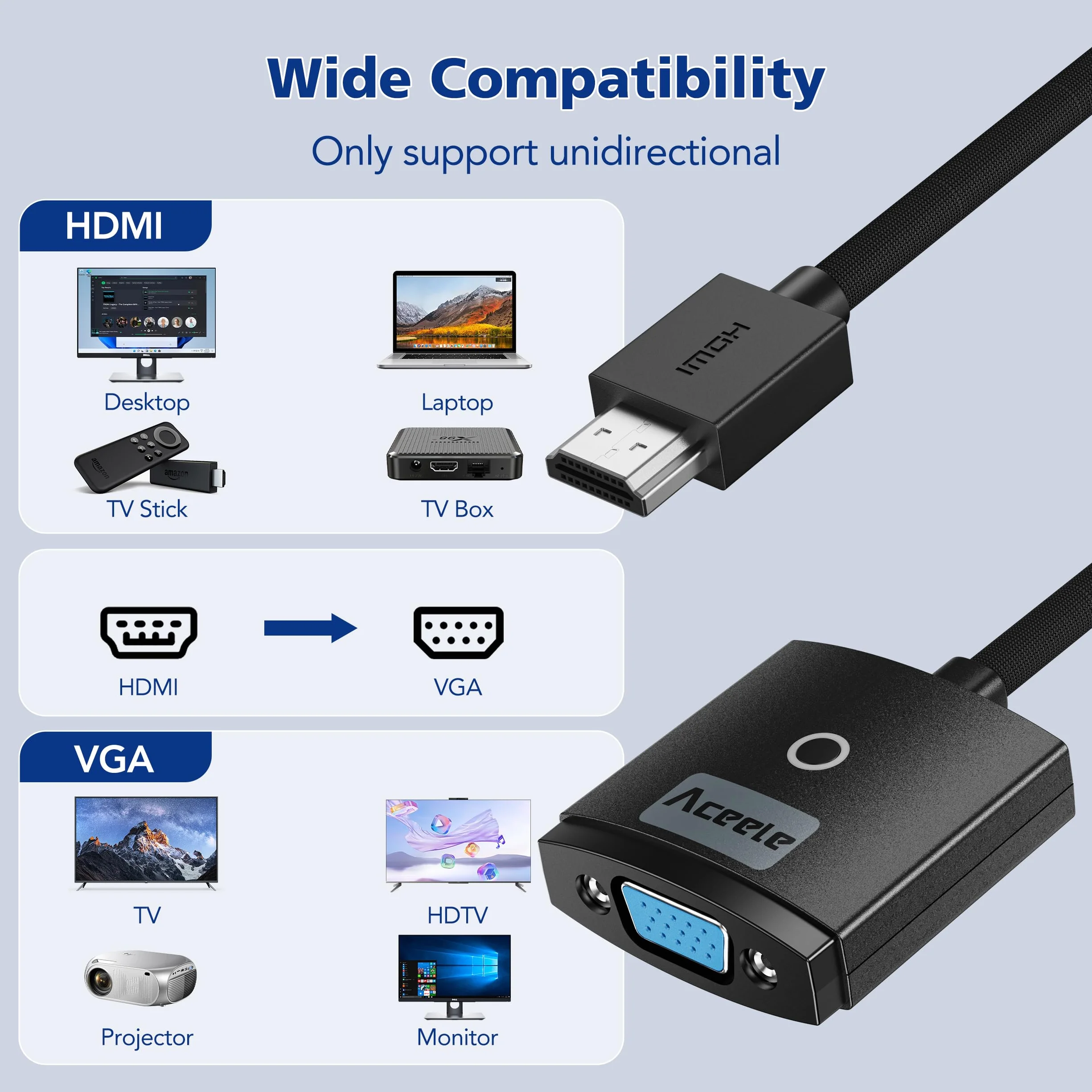 Aceele Adapter HDMI na VGA, konwerter komputera HDMI na monitor VGA (męski na żeński), nylonowy adapter kablowy do komputera stacjonarnego, laptopa, Raspberry Pi, Roku, Xbox do projektora/wyświetlacza