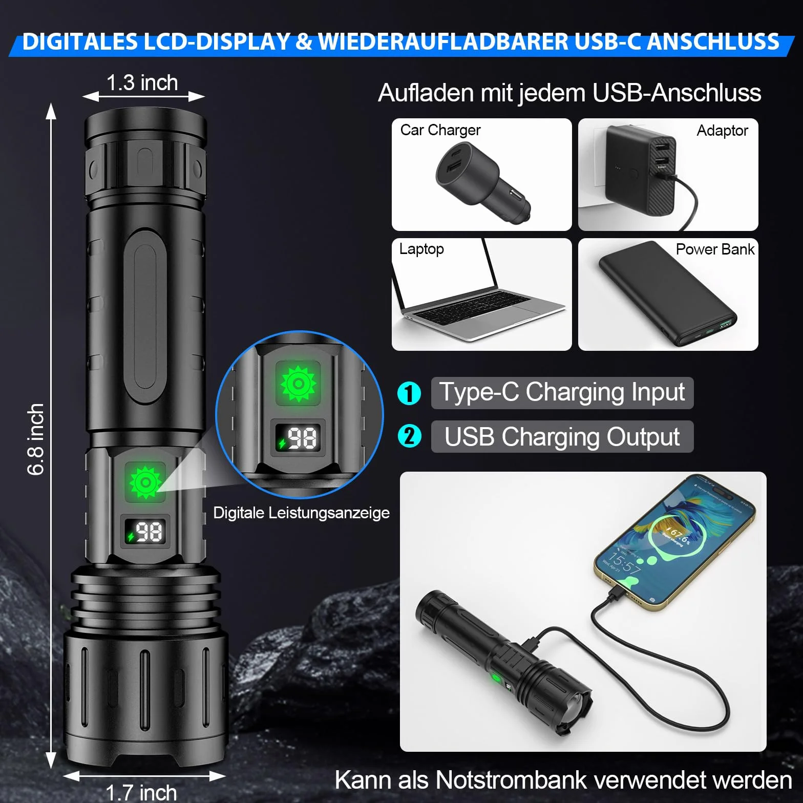 Karrong Taktyczna Latarka Led Usb C Z MożLiwośCią łAdowania 20000 LumenóW Zasilanie Bateryjne RęCzna Latarka Kontrolna Wodoodporny Zoom Na Kemping WęDkarstwo Na ZewnąTrz Awaryjne