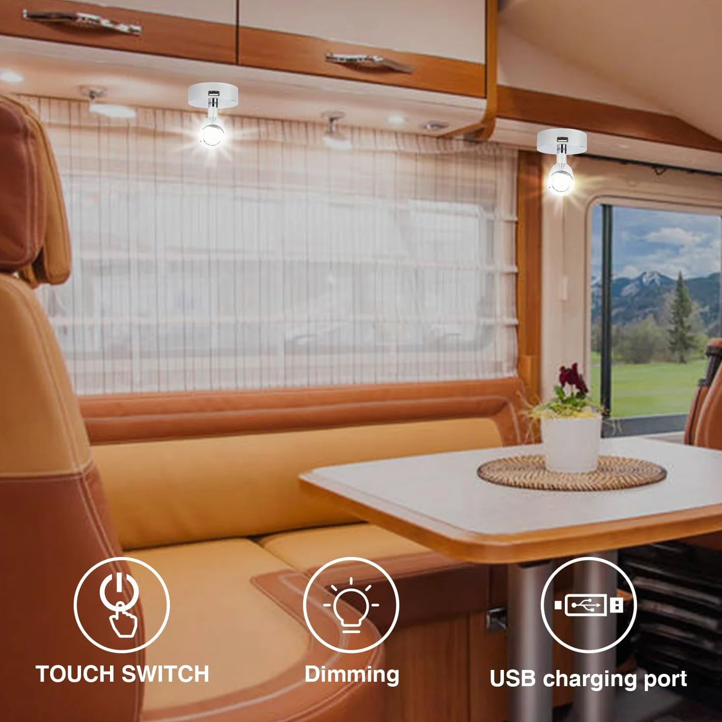 lighteu, 2 x 12 V 2 W E1 USB reflektor sufitowy/ścienny, chromowane wykończenie, lampka nocna, lampka do czytania obracana i obracana z przełącznikiem dotykowym, możliwość ściemniania, ciepłe