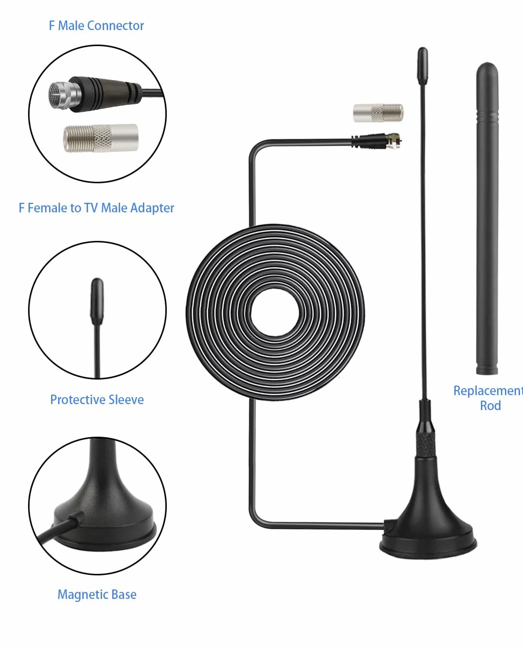 Vecys DVB-T Antena 2dBi Mini TV Antena Magnetyczna Podstawa Wymienne Pręty 50 Mil Wewnętrzna Cyfrowa Antena TV RG174 3m Kabel Koncentryczny
