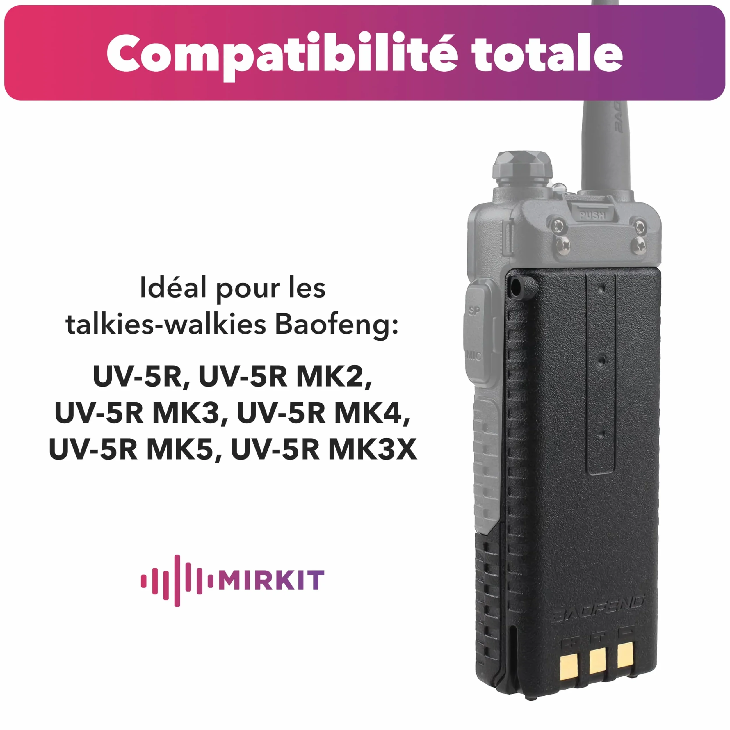 2 x Mirkit - BAOFENG UV-5R akumulator 3800 mAh - bateria kompatybilna z radiotelefonem Baofeng UV-5R Plus, Baofeng UV mk5, UV-mk5X3 / RD-5mk5/ UV-mk5TP / UV-5X3 - akcesoria do krótkofalówki Baofeng Walkie
