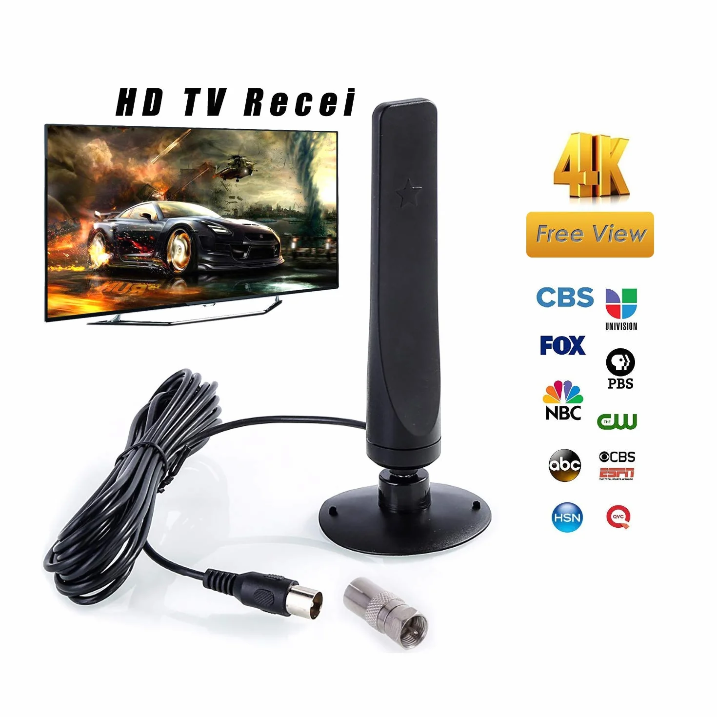 DollaTek Wewnątrz/zewnętrzna antena telewizyjna HD, wysoki zysk, wzmocniona, cyfrowa, łatwa w instalacji, odpowiednia do telewizora DVB-T2 Home/Car TV, zasięg 50 mil