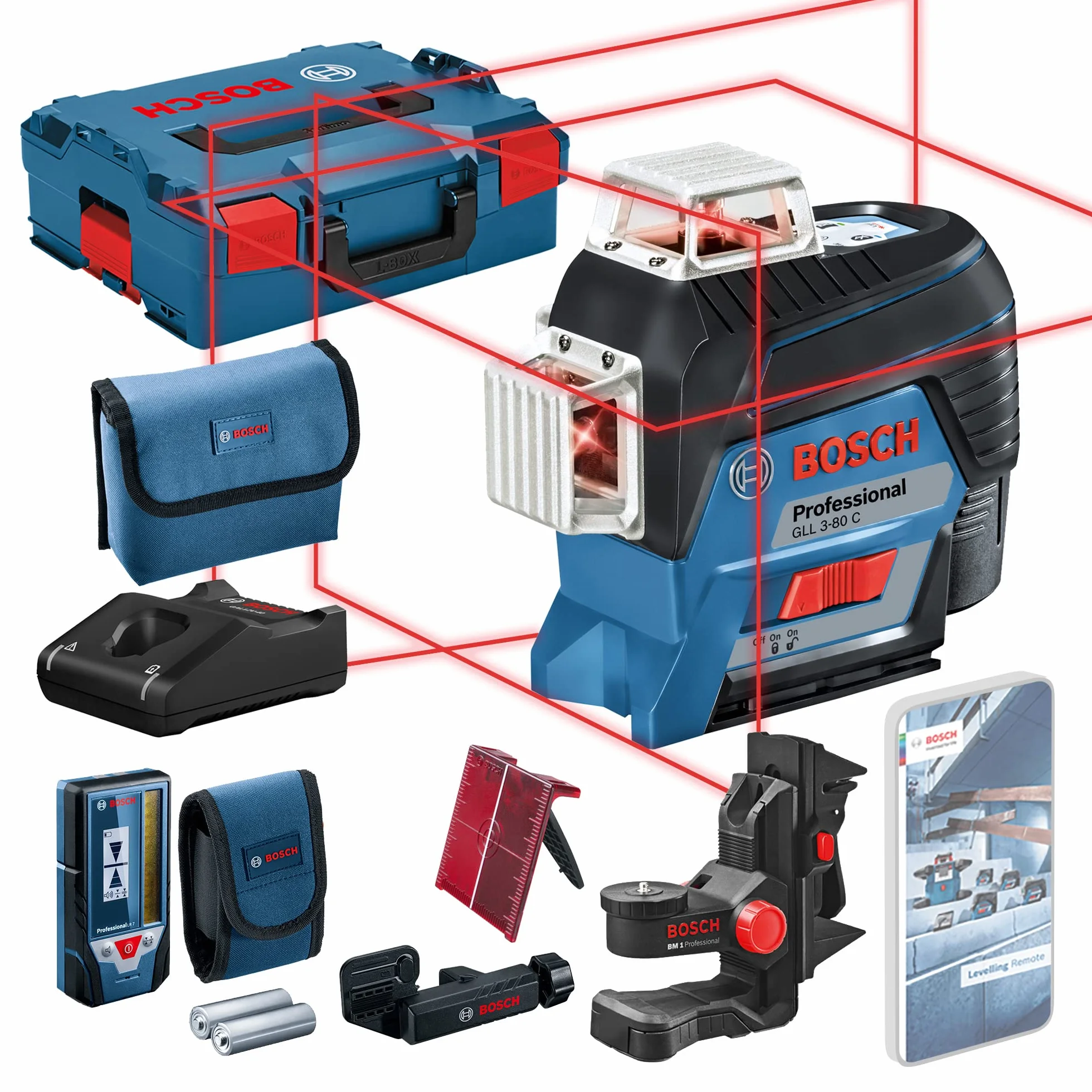 Bosch Professional system 12V: laser liniowy GLL 3-80 C (1 akumulator GBA 12V 2.0Ah, czerwona wiązka, współpraca z aplikacją, uchwyt, odbiornik, zasięg pracy: 30 m, walizka L-BOXX)