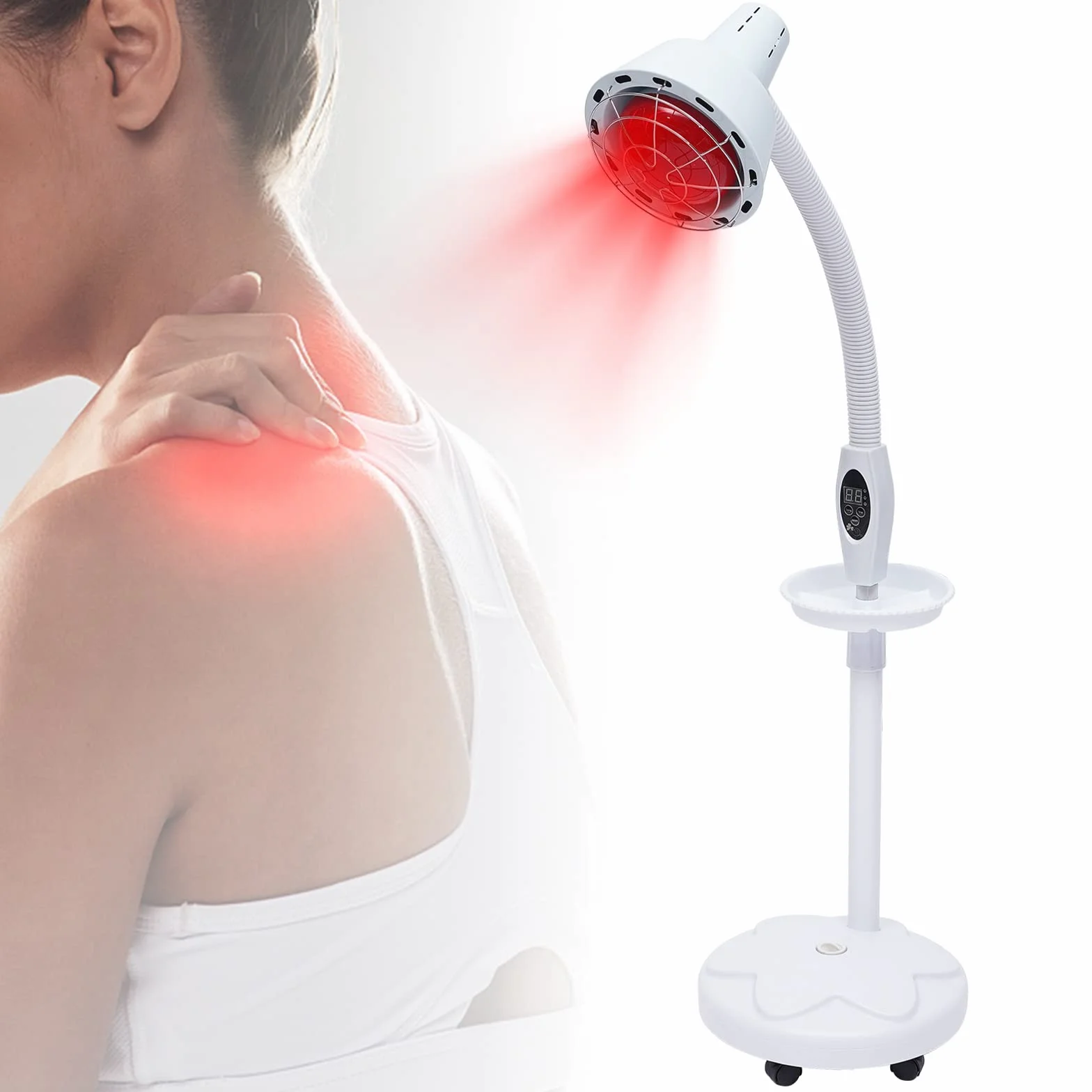 Lampa na podczerwień 8-70℃, z regulacją wysokości, czerwone światło, lampa ciepła z kółkami, światło podczerwone 275 W, funkcja timera, lampa grzewcza do łagodzenia bólu