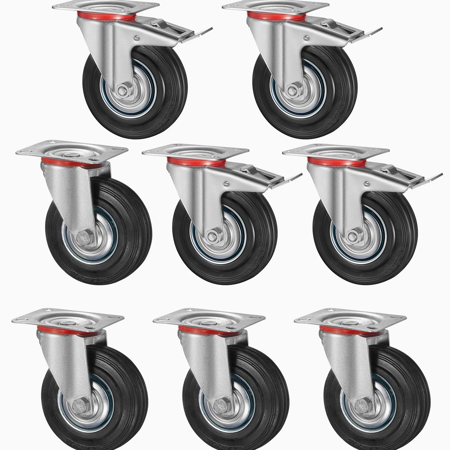 8 sztuk kółek do dużych obciążeń, 200 mm, kółka skrętne z hamulcem, do 650 kg, rolki paletowe, obracane o 360°, bez hałasu (4 kółka hamulcowe, 4 kółka skrętne)